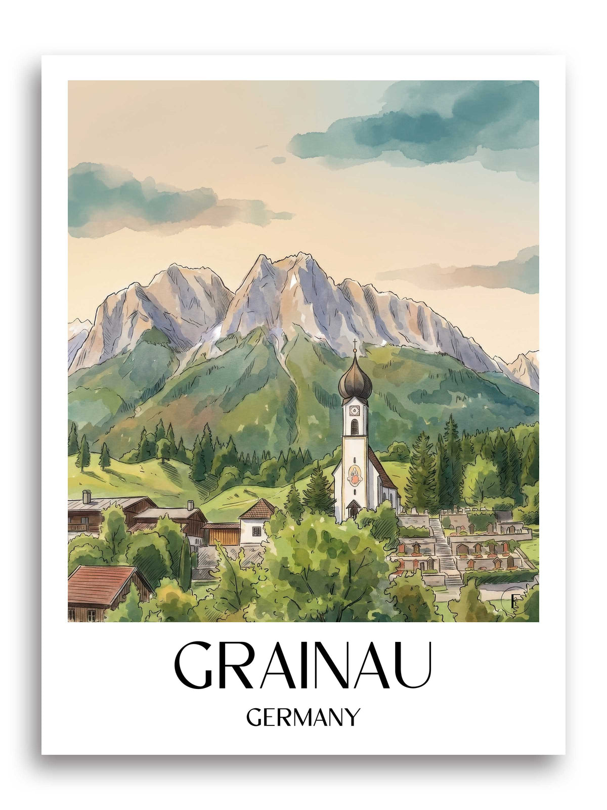 Grainau Poster - Werdenfelser Land - Deutschland Kunstdruck - Aquarell von A4 bis A1 - favplace