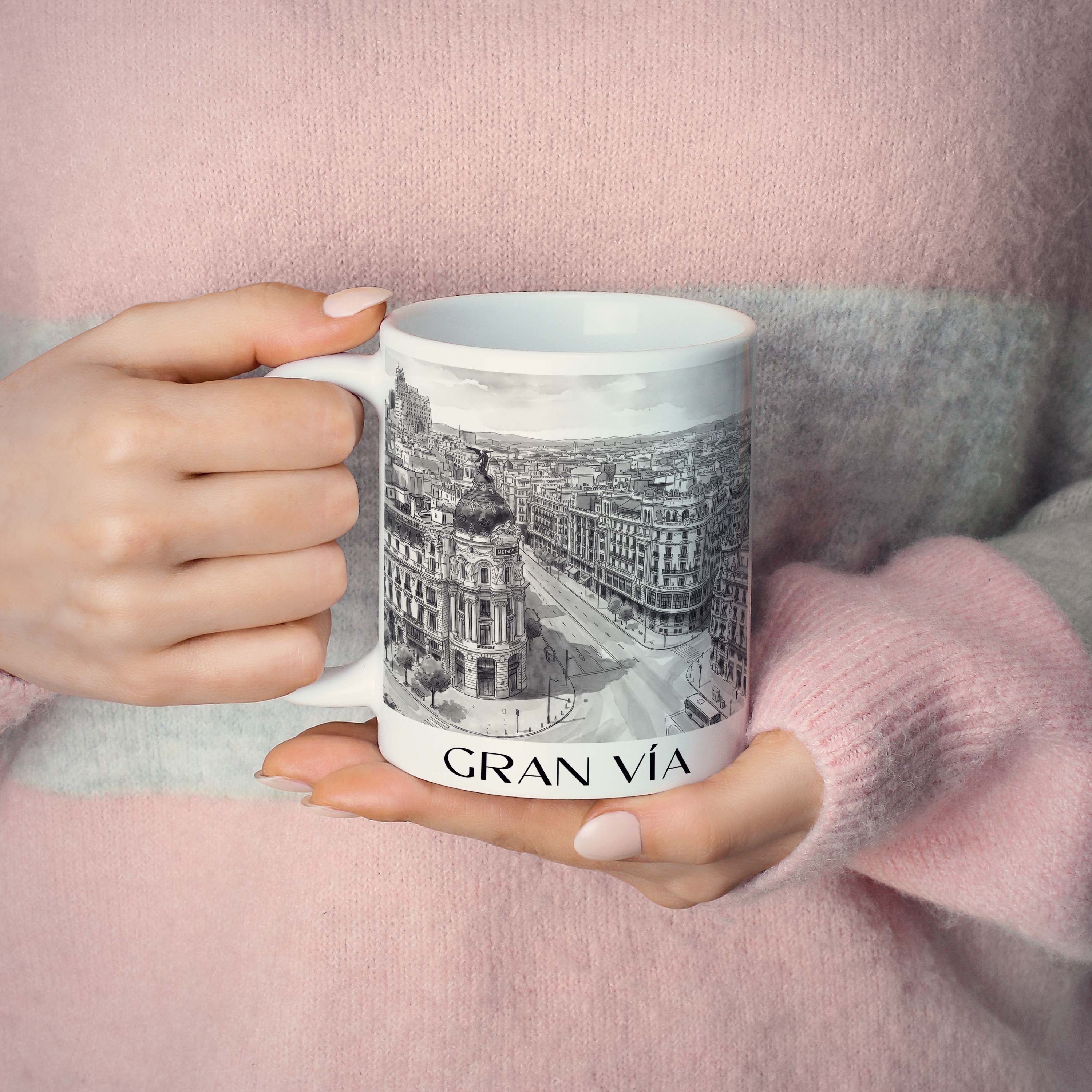 gran-vía--madrid-spanien-kaffeebecher-aquarell-schwarz-weiss