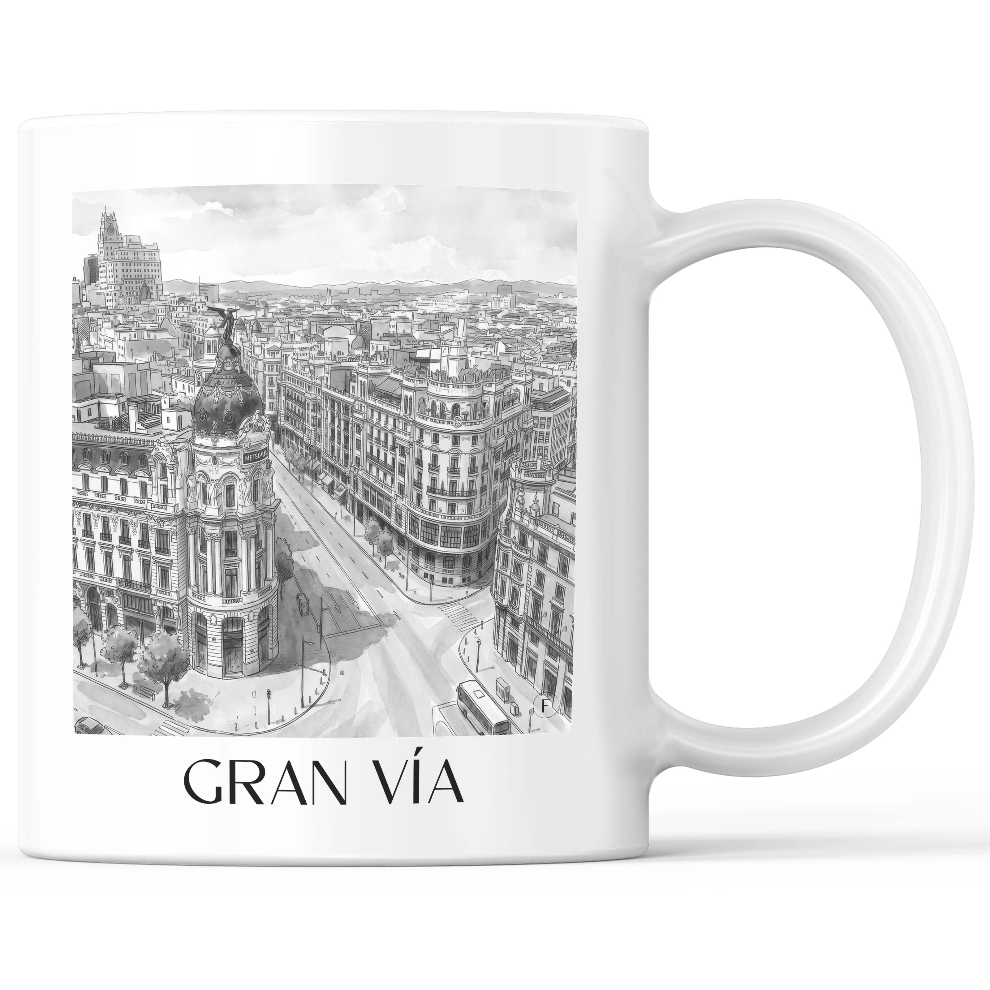 Gran Vía Kaffeebecher - Madrid - Spanien Becher - Kaffeetasse im Aquarell Schwarz-Weiß Stil - favplace