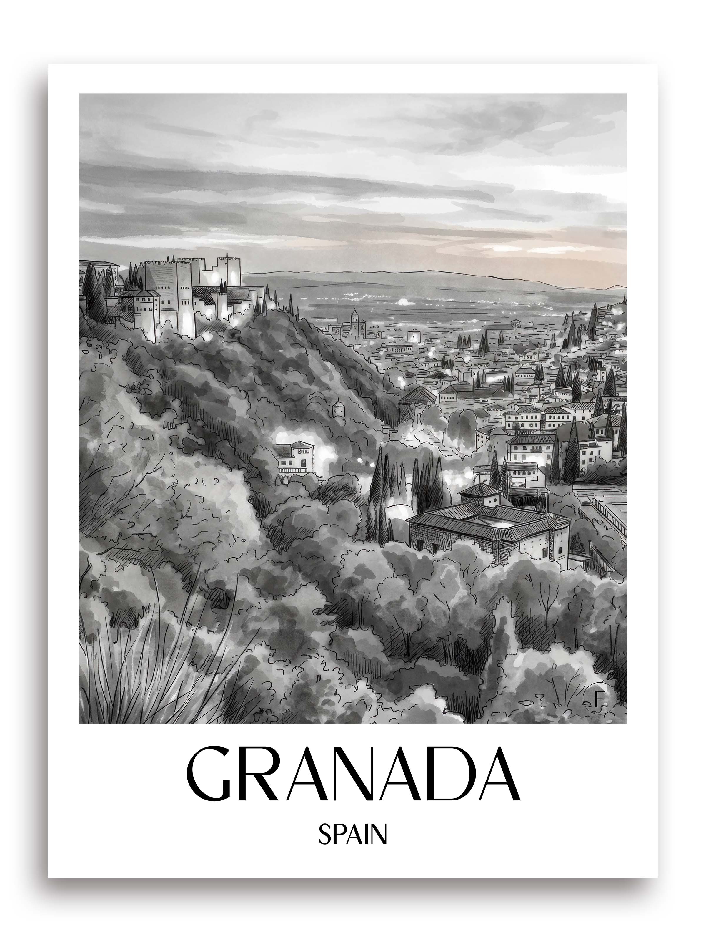 Granada Poster - Spanien - Spanien Kunstdruck - Aquarell Schwarz-Weiß von A4 bis A1 - favplace