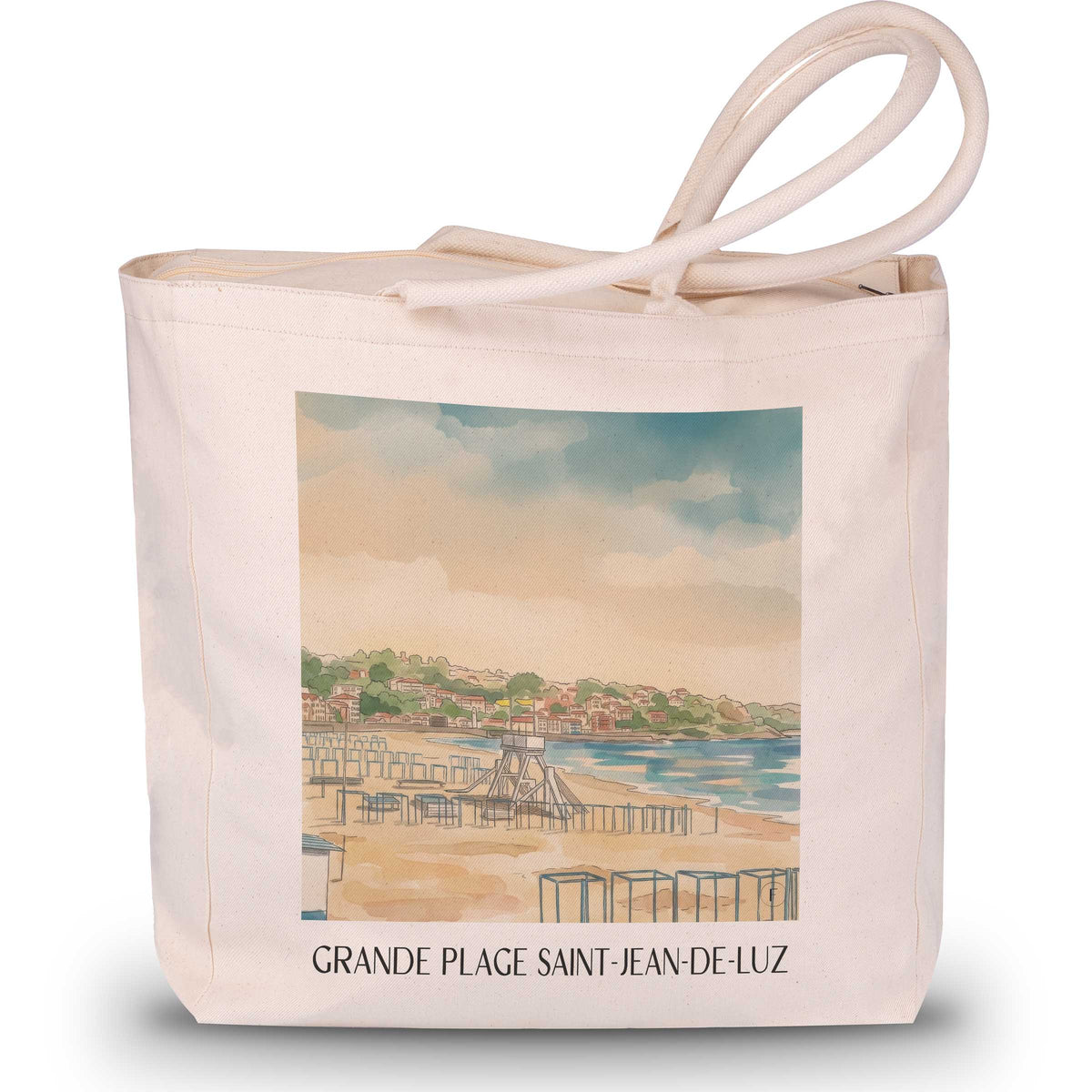 grande-plage-saint-jean-de-luz-pays-basque-frankreich-einkaufstasche-aquarell