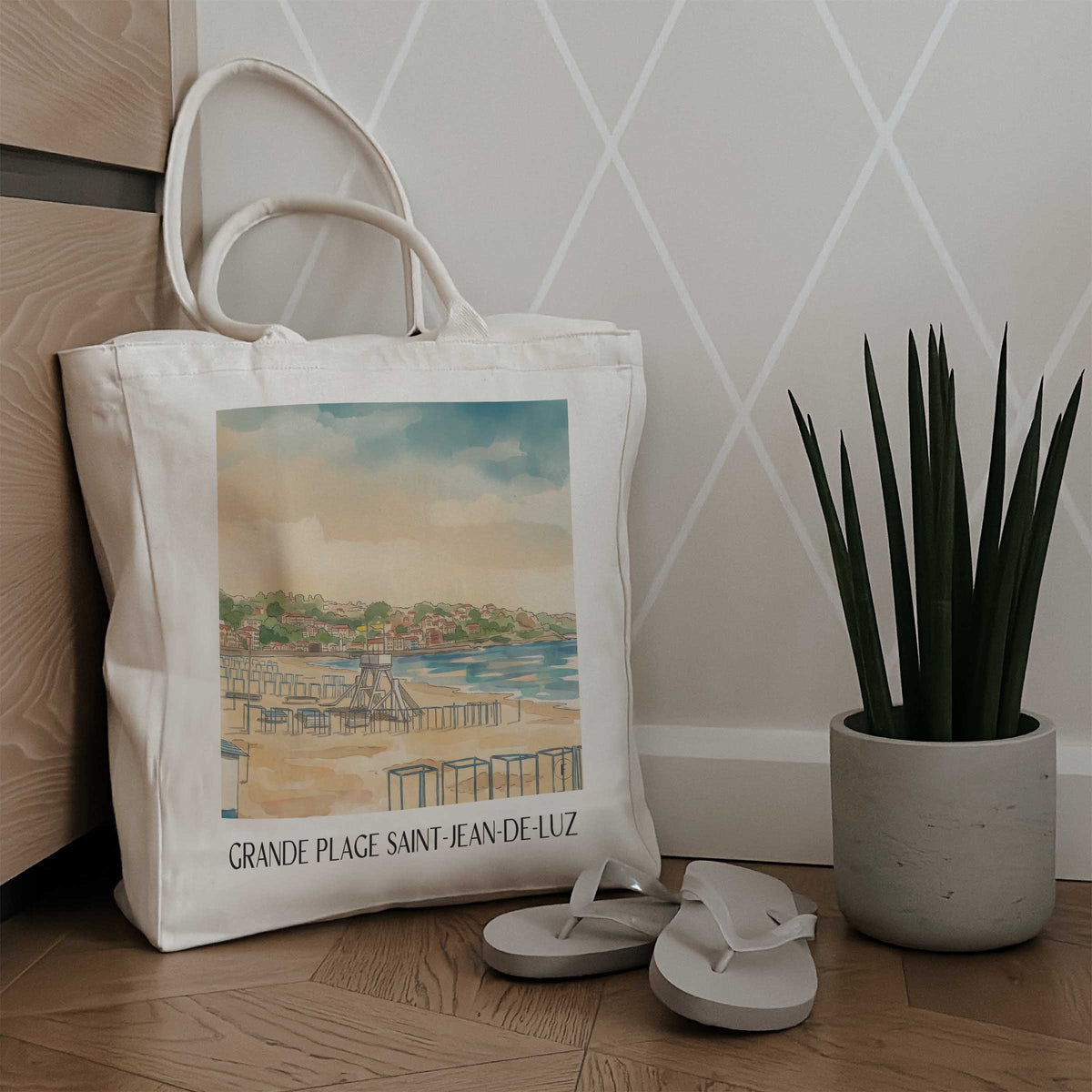 grande-plage-saint-jean-de-luz-pays-basque-frankreich-einkaufstasche-aquarell