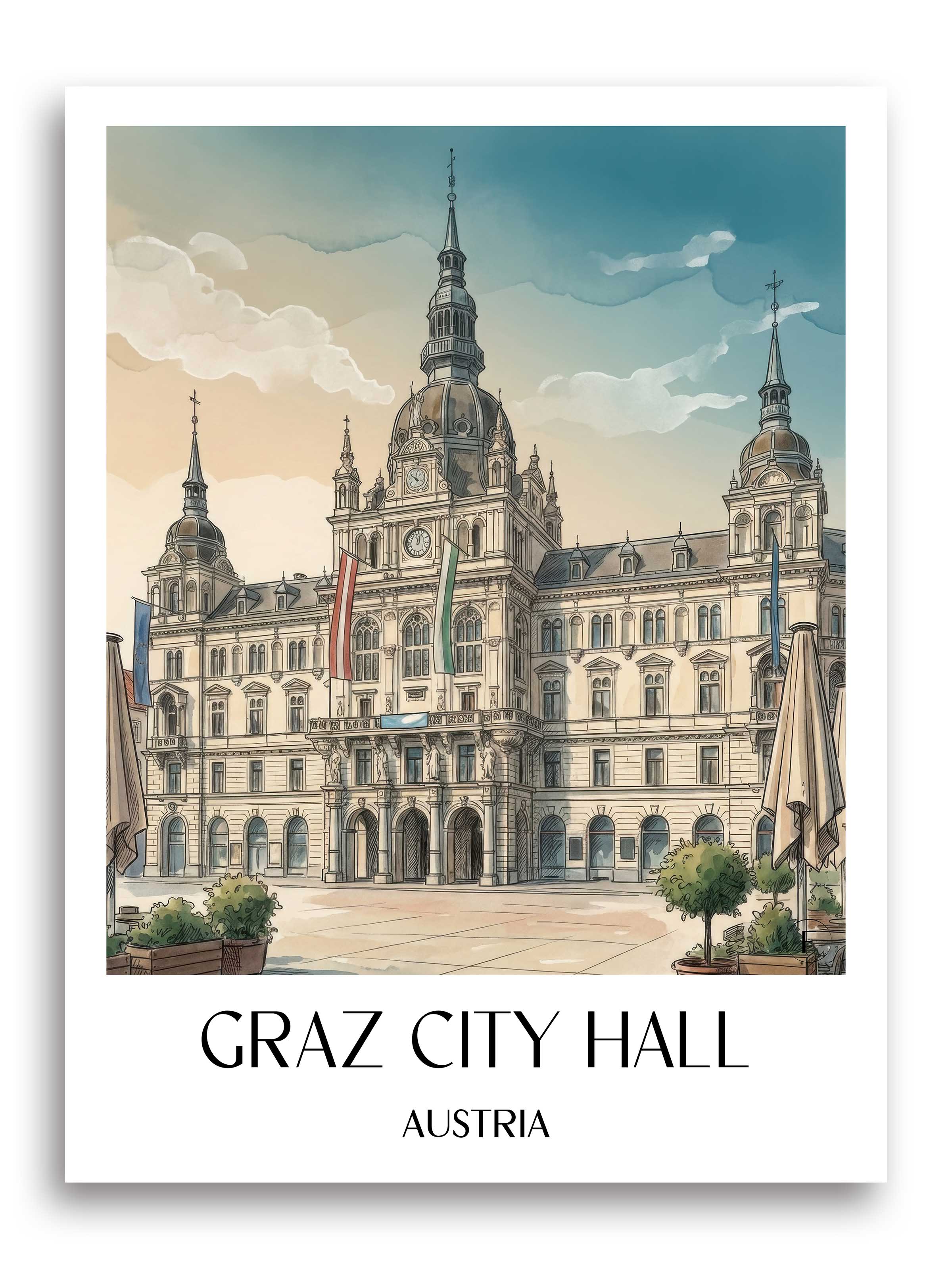 Grazer Rathaus Poster - Österreich - Österreich Kunstdruck - Aquarell von A4 bis A1 - favplace