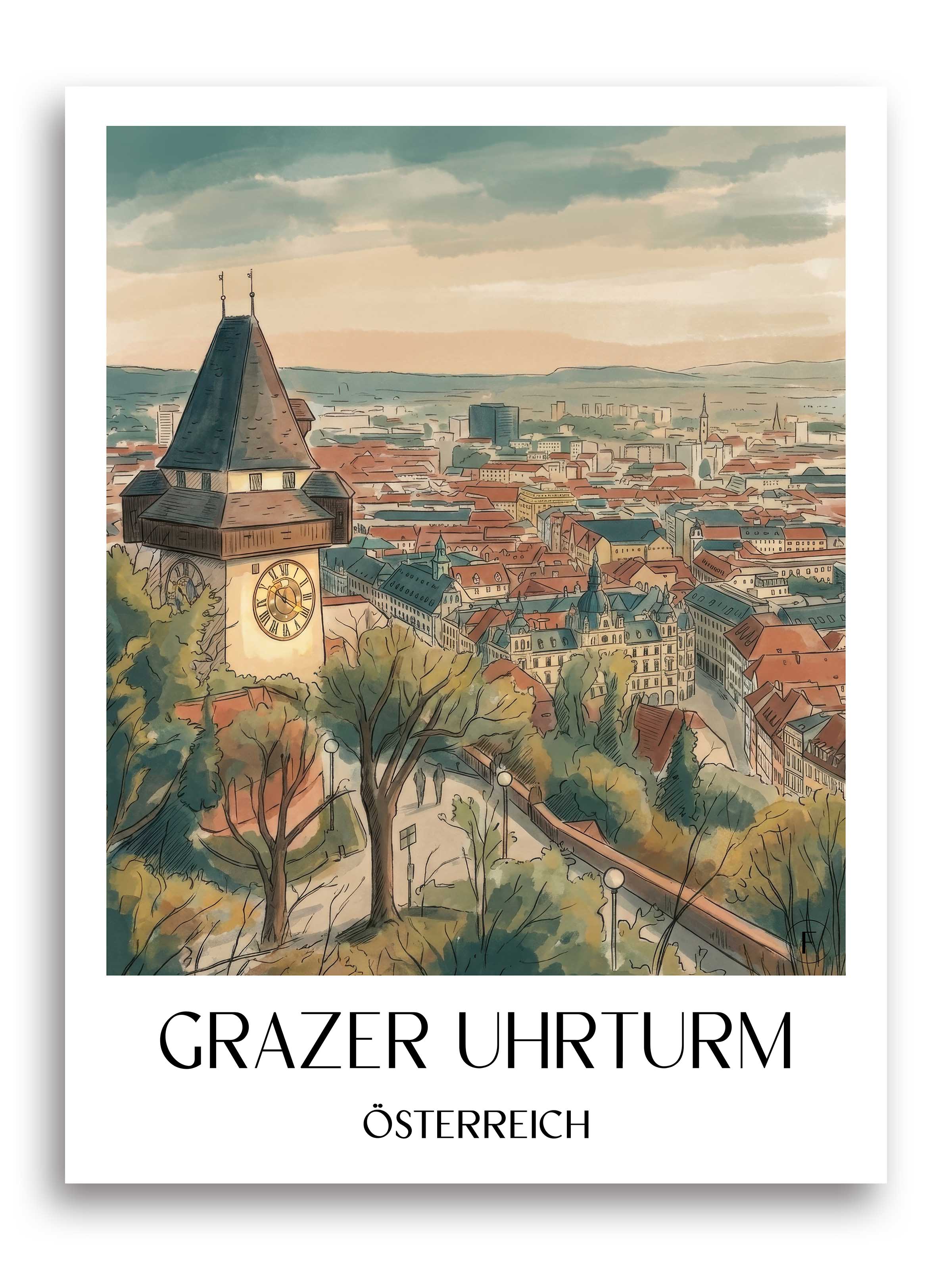 grazer-uhrturm-österreich-österreich-poster-aquarell
