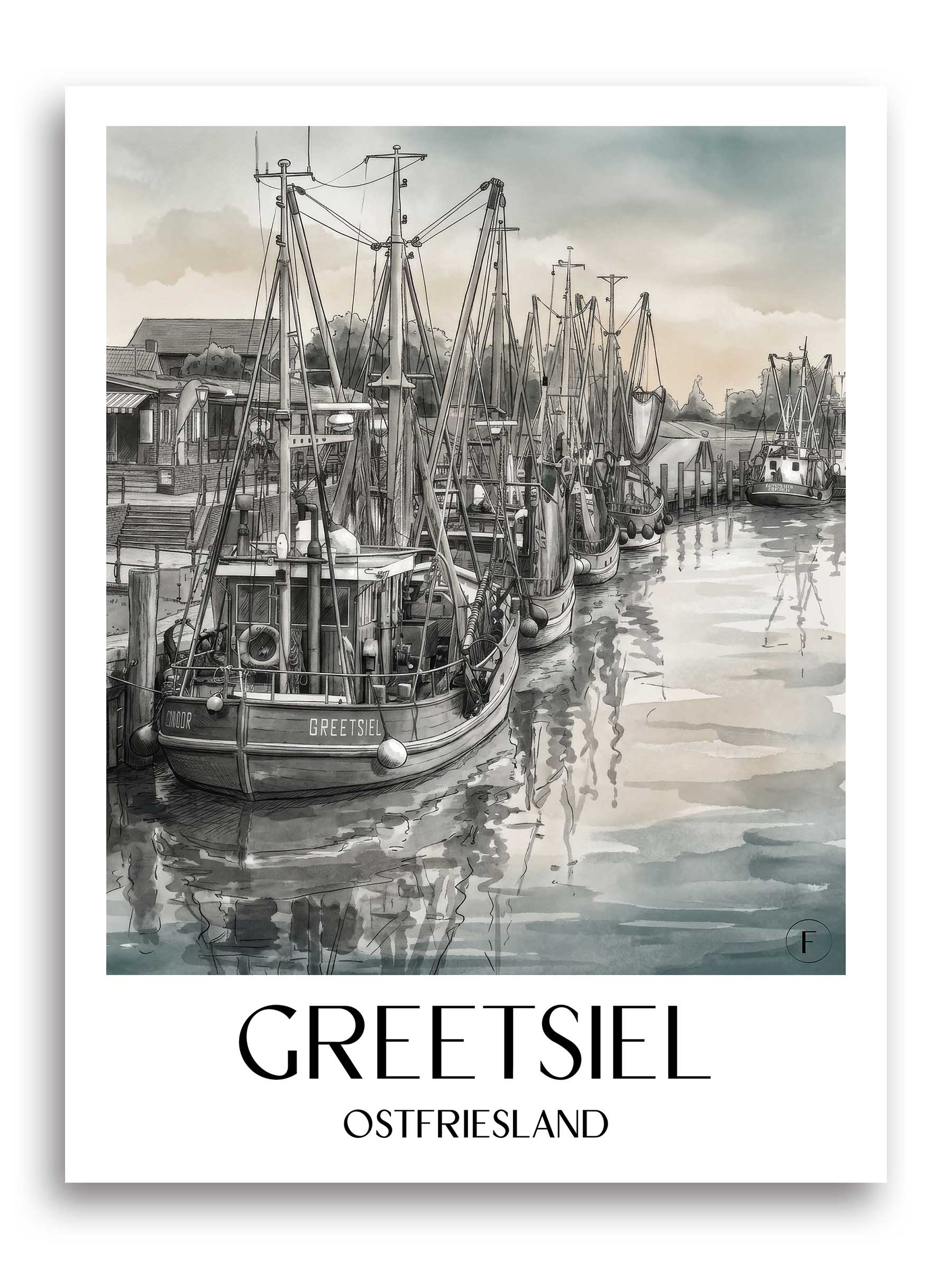 greetsiel-ostfriesland-deutschland-poster-aquarell-schwarz-weiss