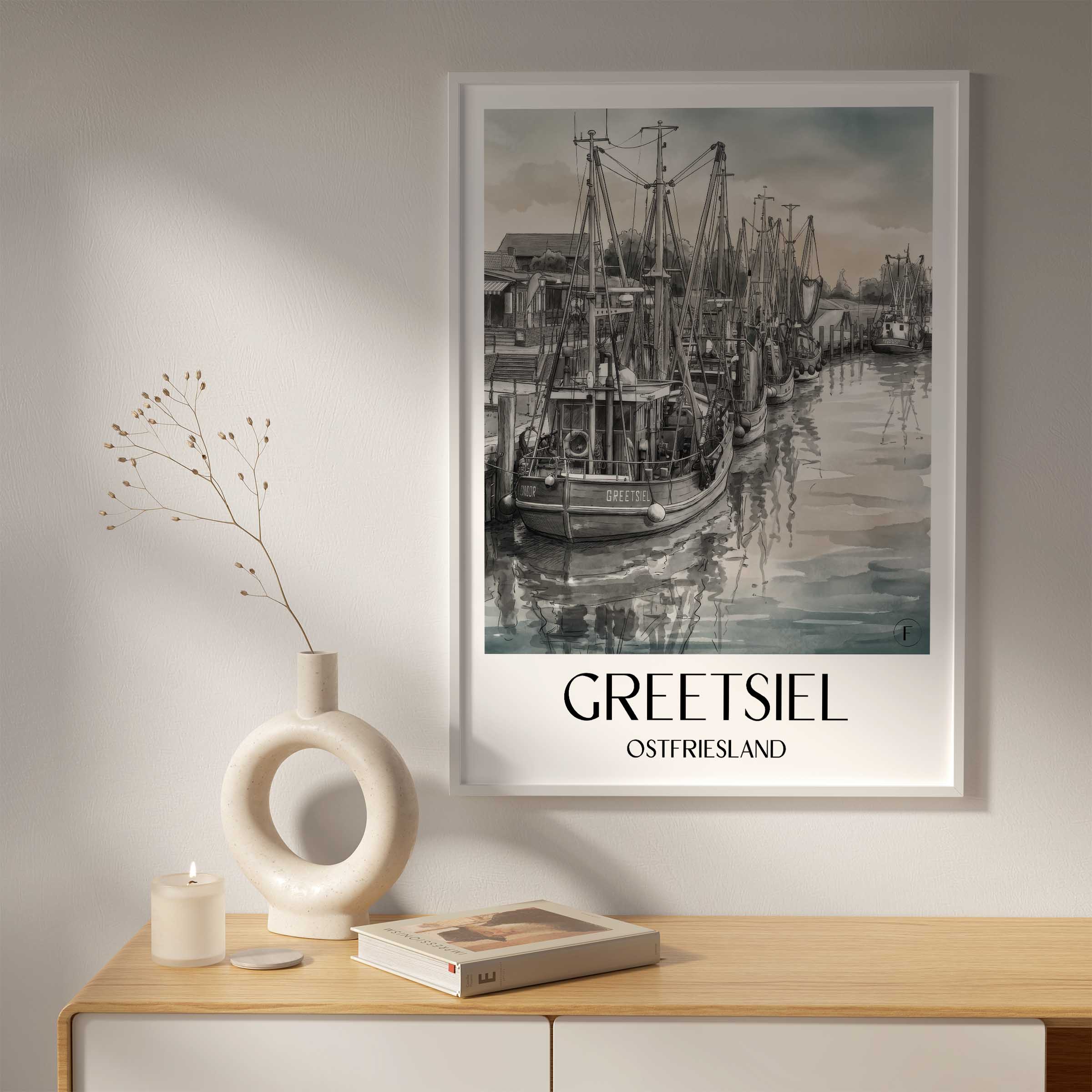greetsiel-ostfriesland-deutschland-poster-aquarell-schwarz-weiss