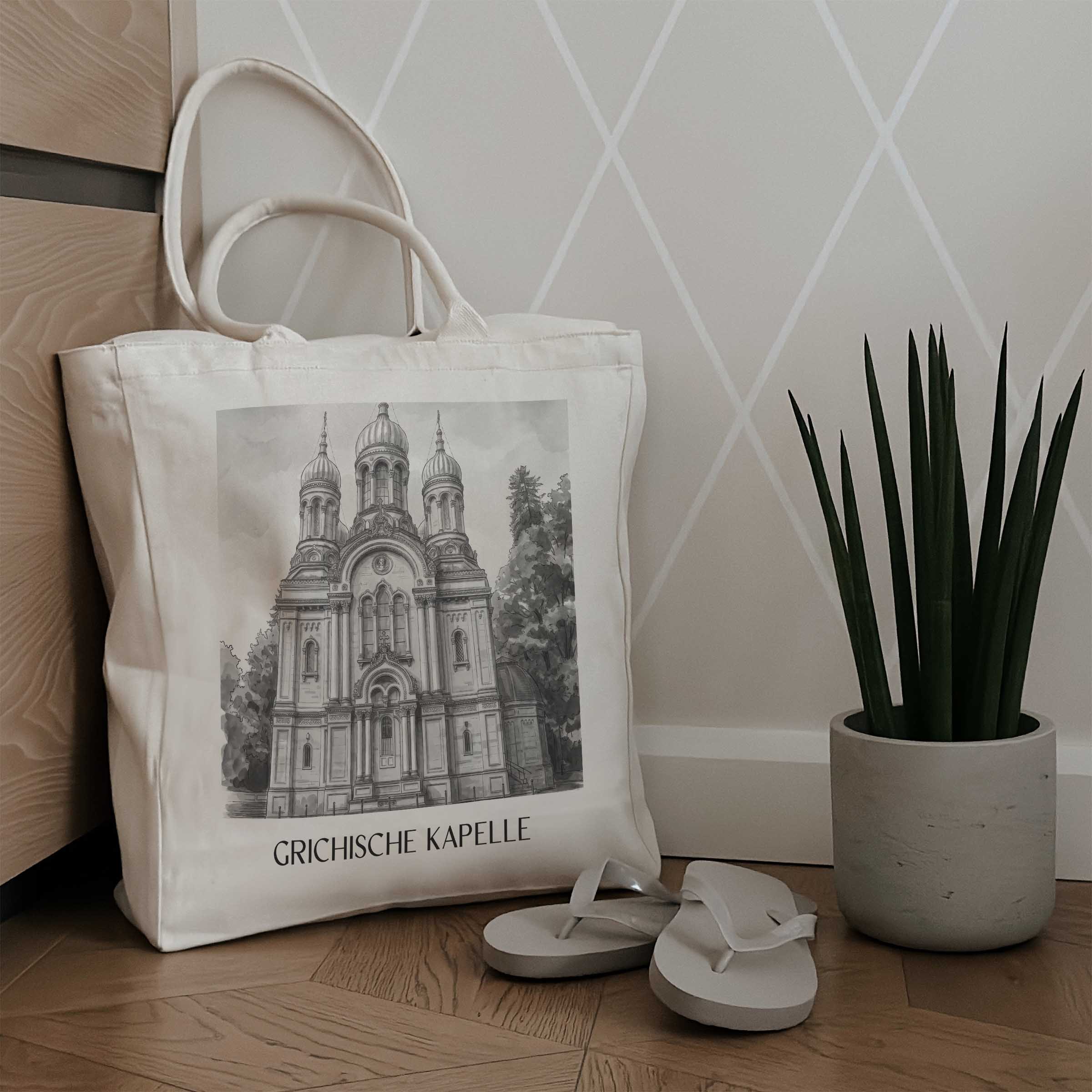 grichische-kapelle-wiesbaden-deutschland-einkaufstasche-aquarell-schwarz-weiss
