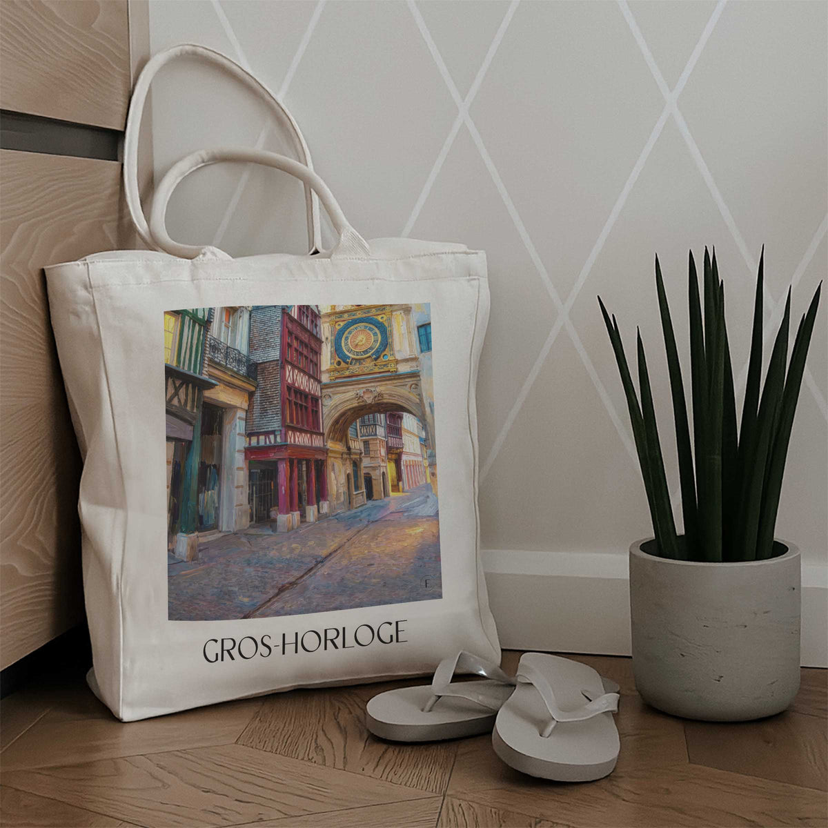 gros-horloge-rouen-frankreich-einkaufstasche-oil-painting-oelgemaelde