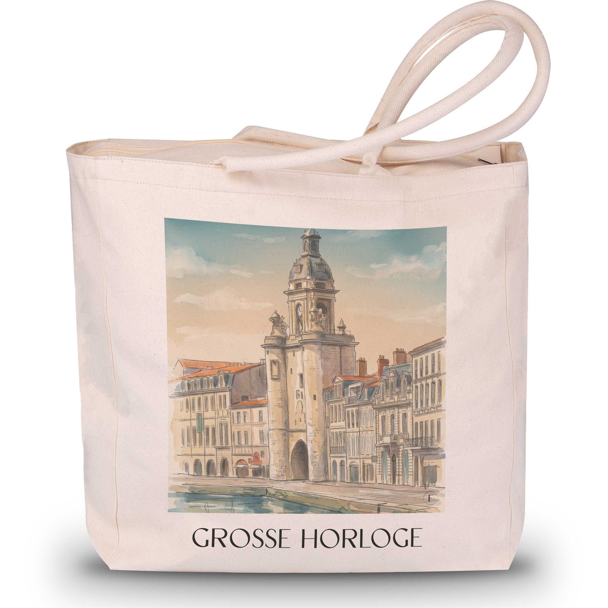 grosse-horloge-la-rochelle-frankreich-einkaufstasche-aquarell