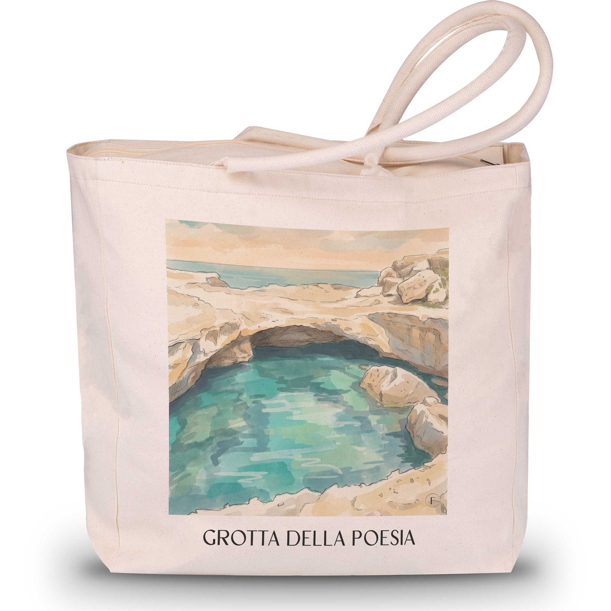 Grotta della Poesia Shopping Tasche - Roca Vecchia - Italien Tote Bag - Einkaufstasche im Aquarell Stil - favplace