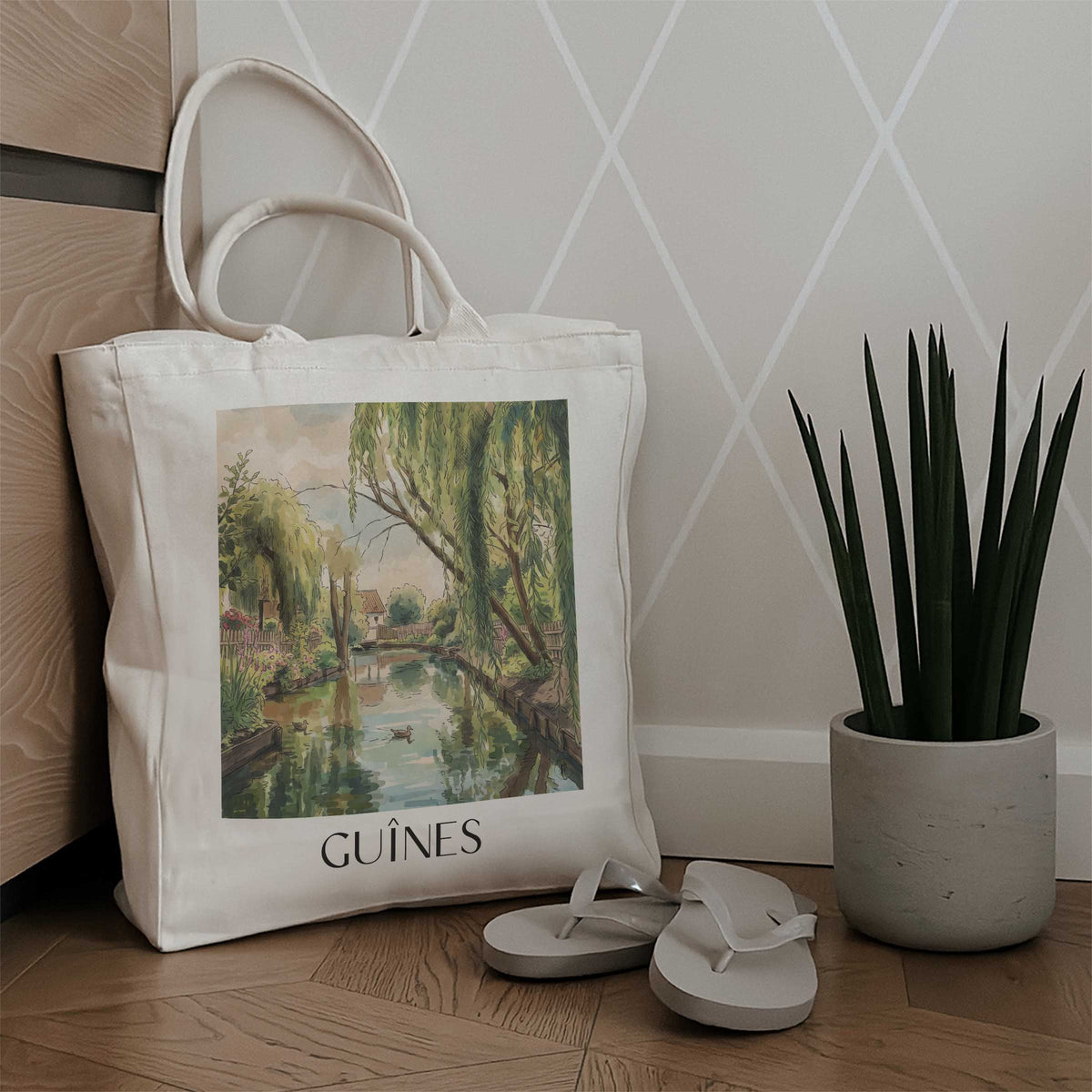 guînes-côte-d'opale-frankreich-einkaufstasche-aquarell
