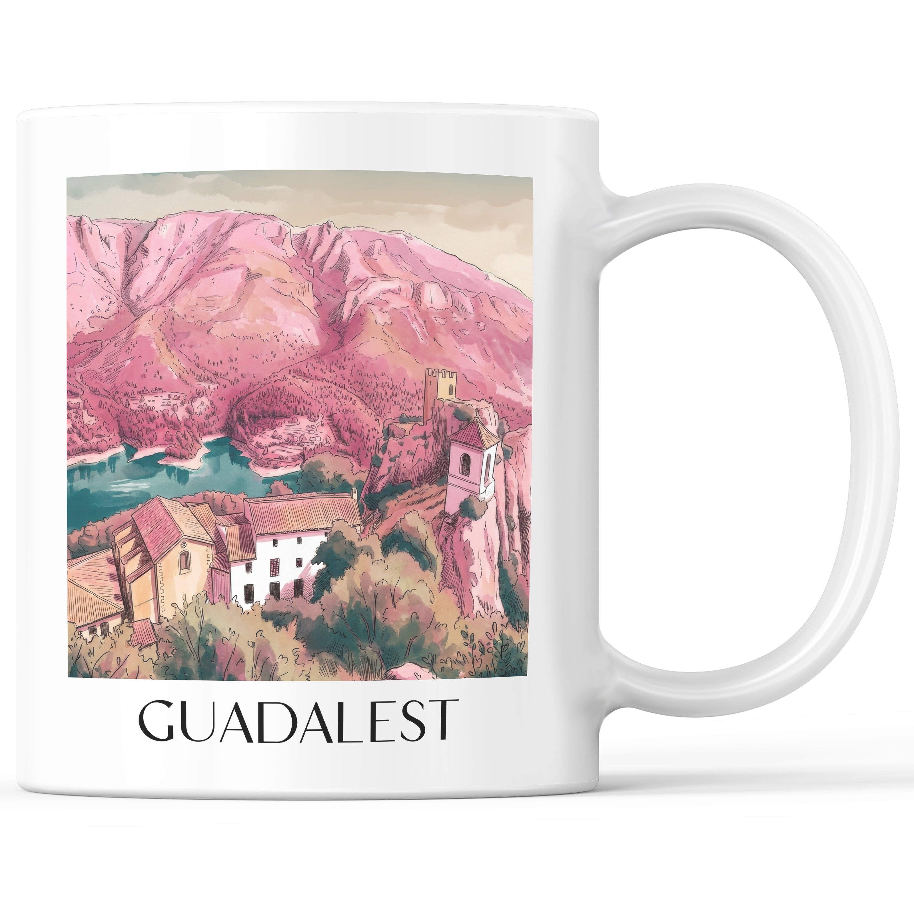 Guadalest Kaffeebecher - Spanien - Spanien Becher - Kaffeetasse im Aquarell Pink Stil - favplace