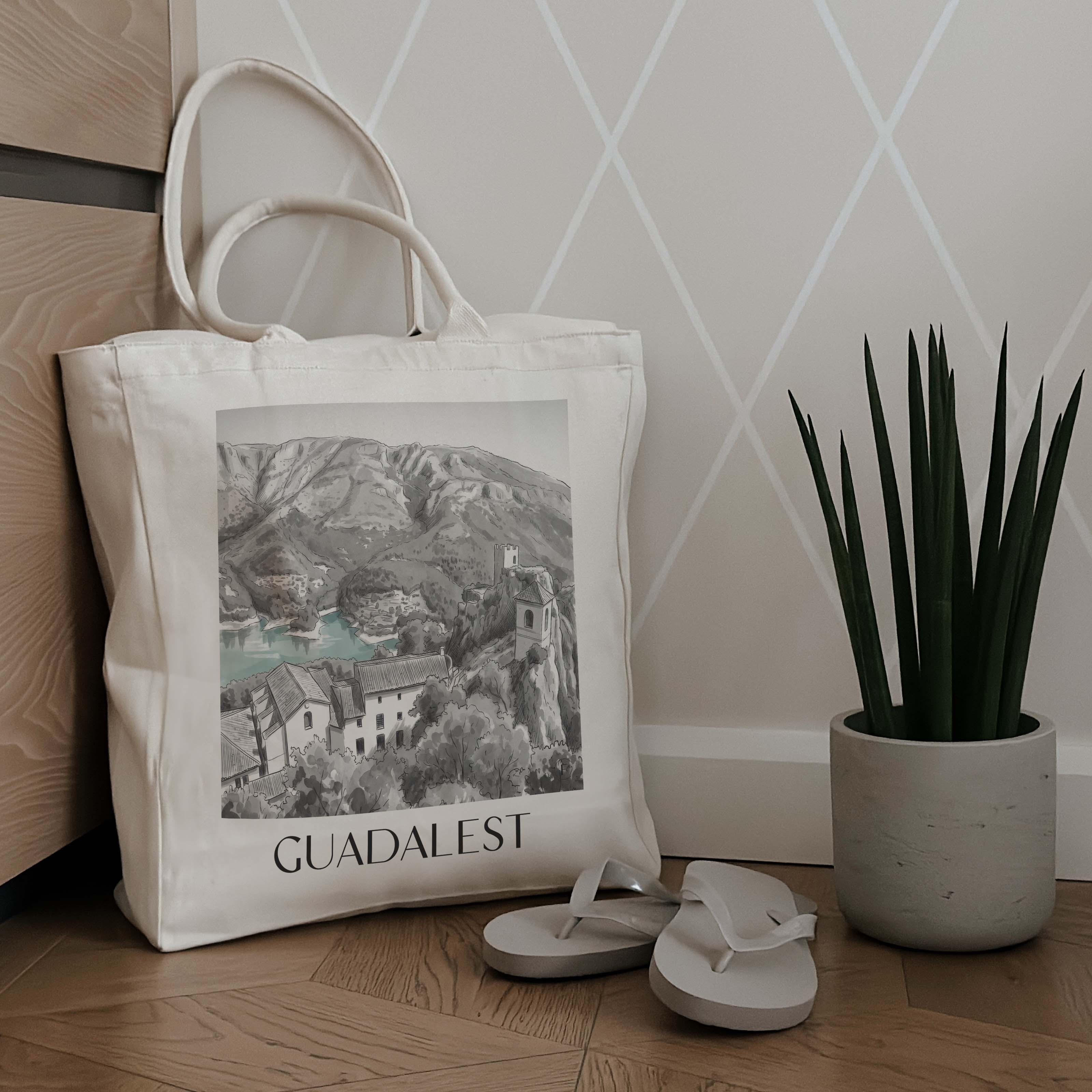 guadalest-spanien-spanien-einkaufstasche-aquarell-schwarz-weiss