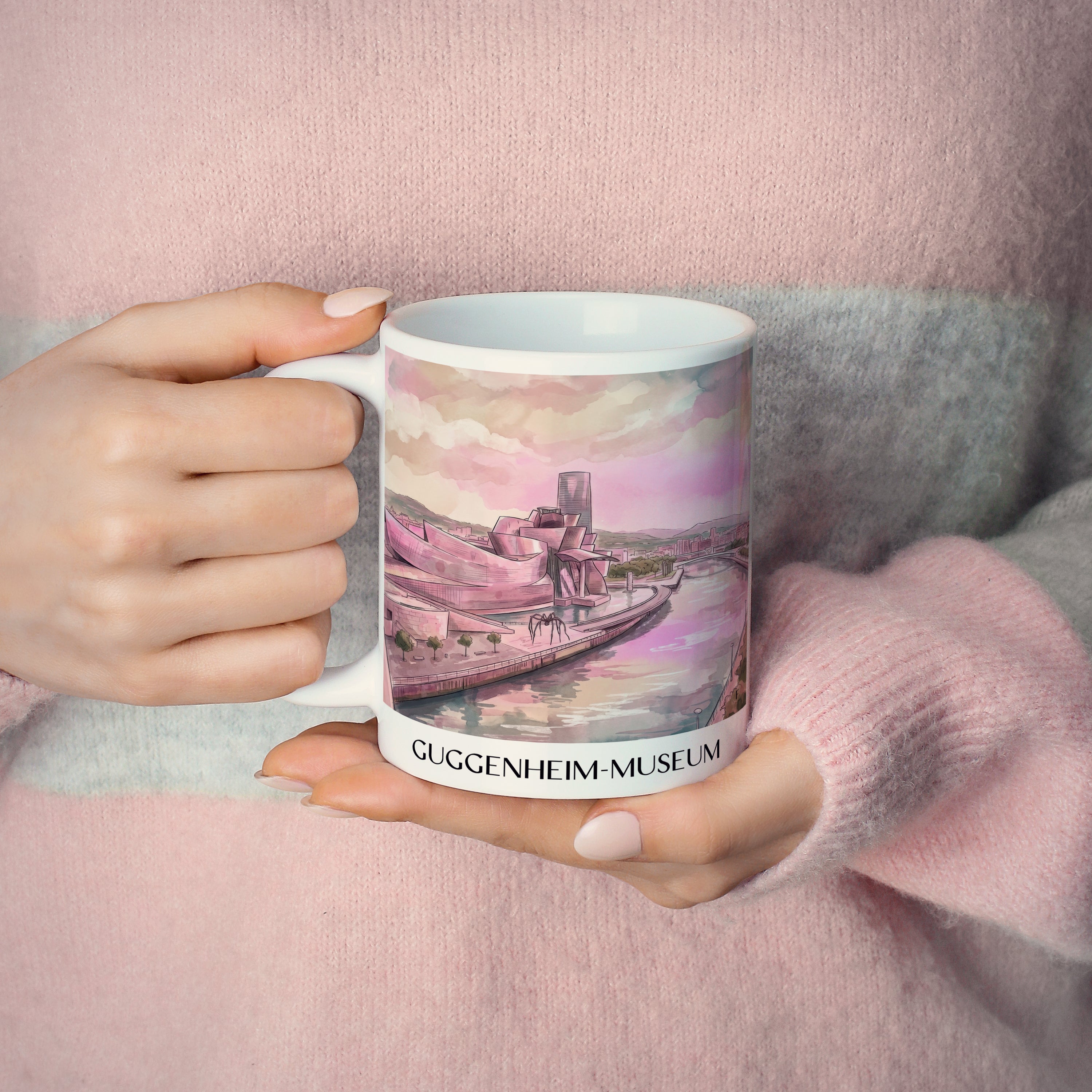 guggenheim-museum-bilbao-spanien-kaffeebecher-aquarell-pink-rosa