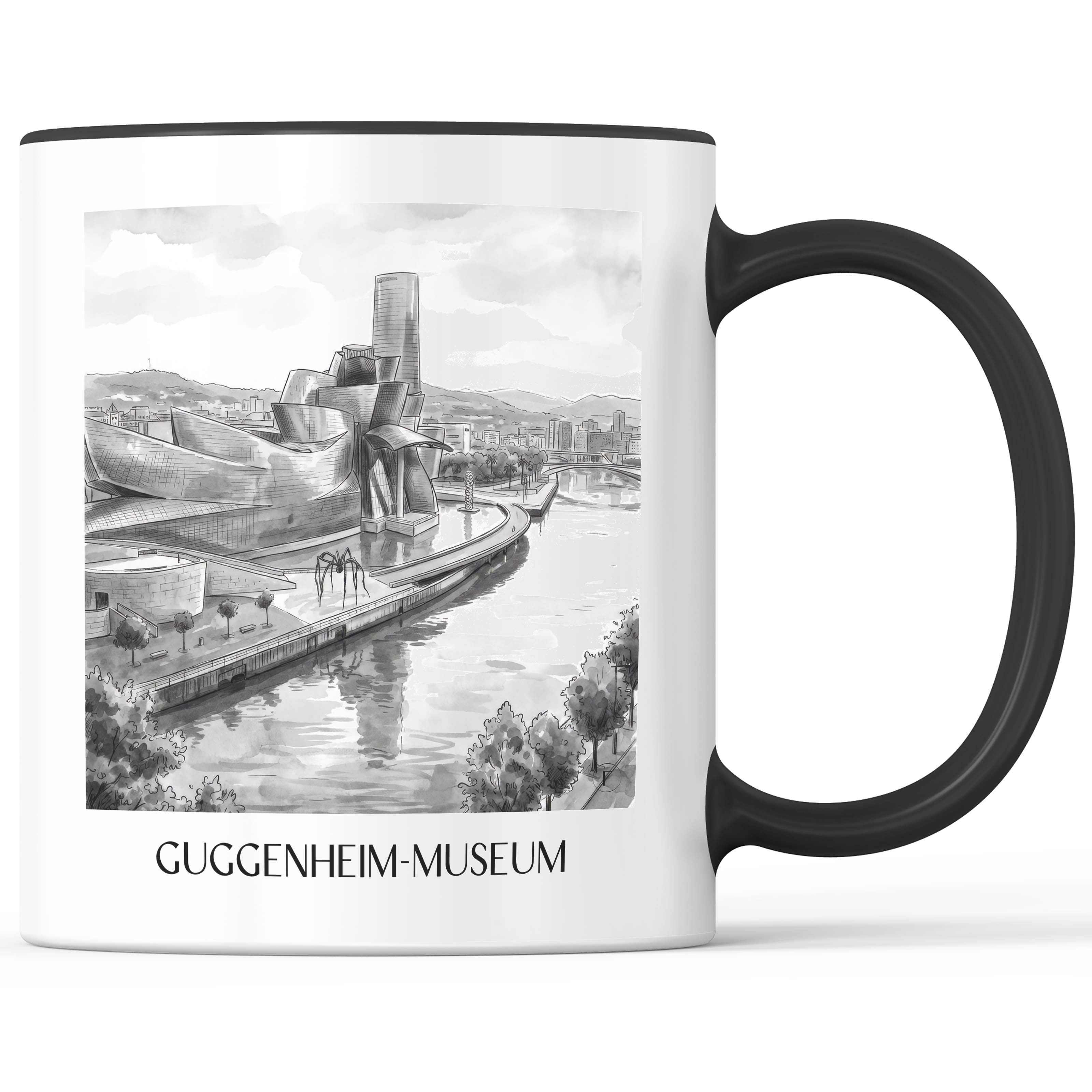 guggenheim-museum-bilbao-spanien-kaffeebecher-aquarell-schwarz-weiss