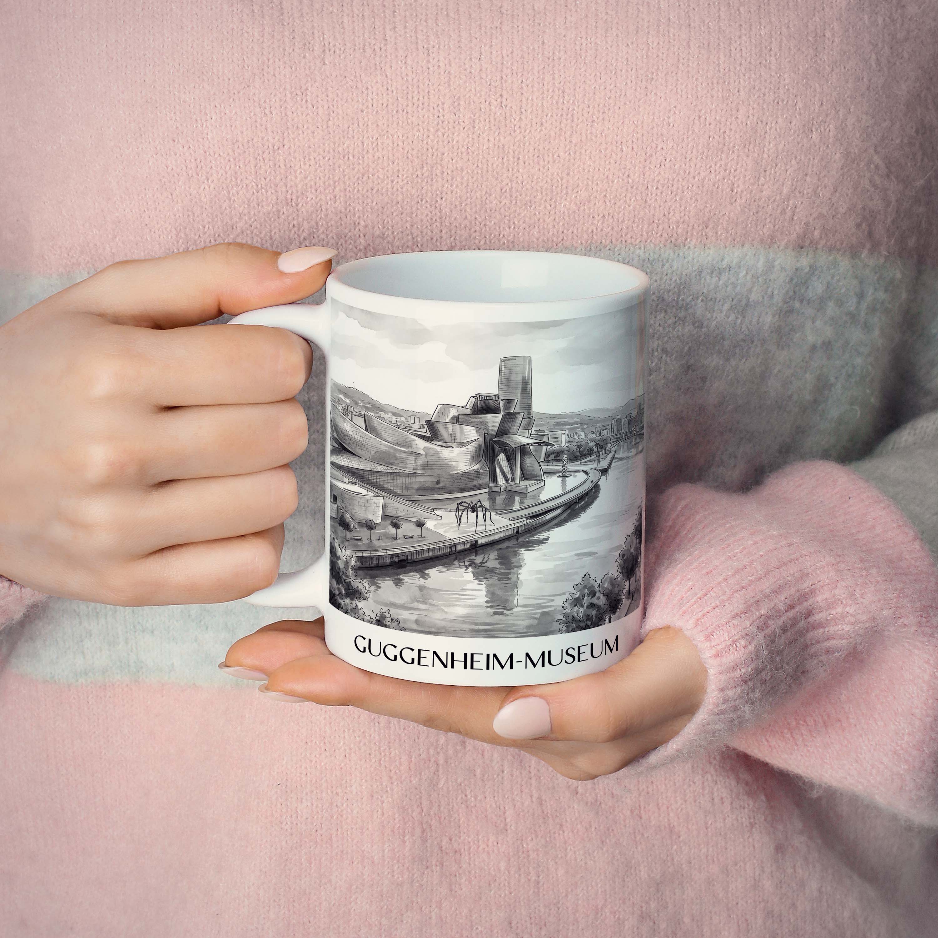 guggenheim-museum-bilbao-spanien-kaffeebecher-aquarell-schwarz-weiss
