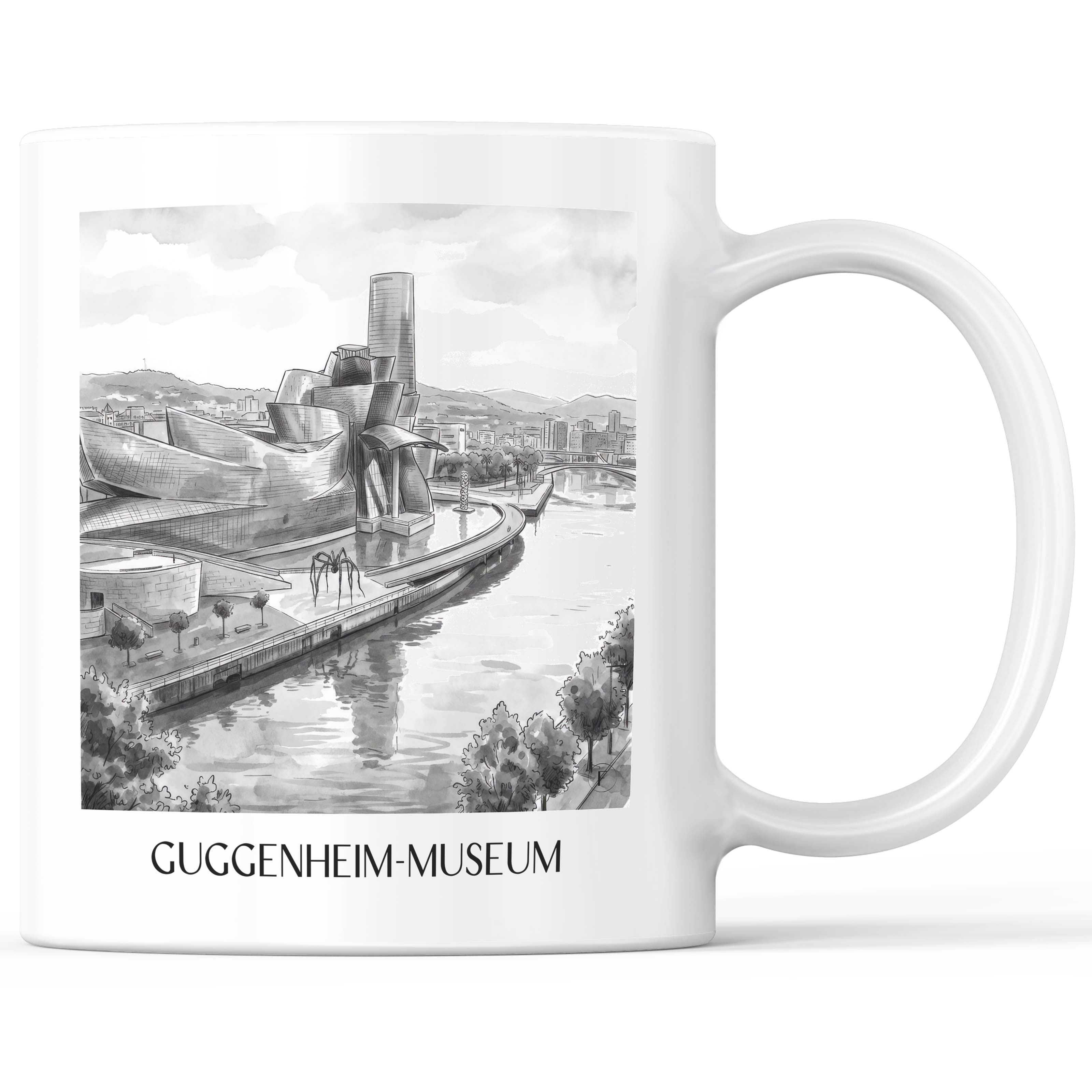 Guggenheim-Museum Kaffeebecher - Bilbao - Spanien Becher - Kaffeetasse im Aquarell Schwarz-Weiß Stil - favplace