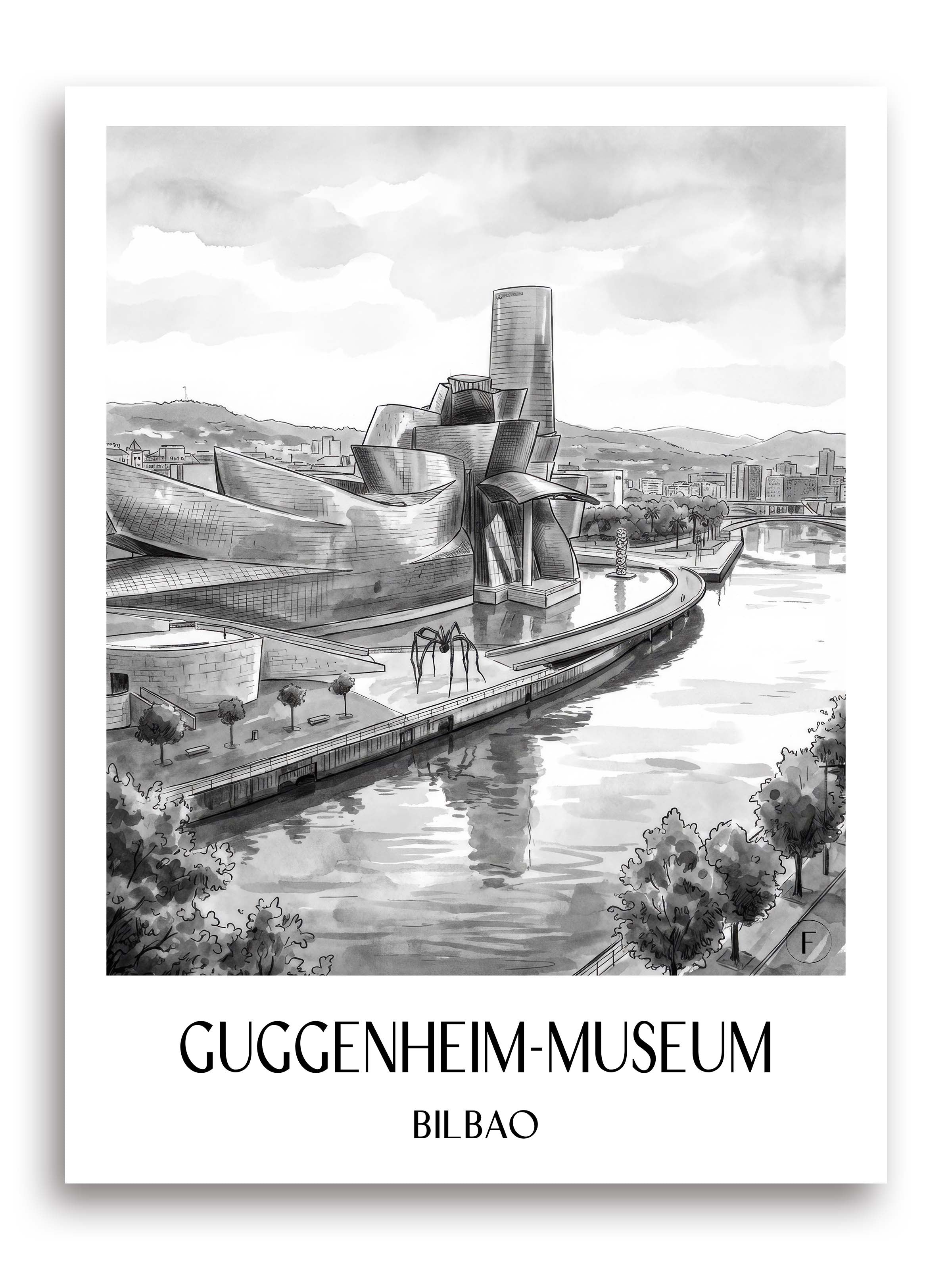 guggenheim-museum-bilbao-spanien-poster-aquarell-schwarz-weiss