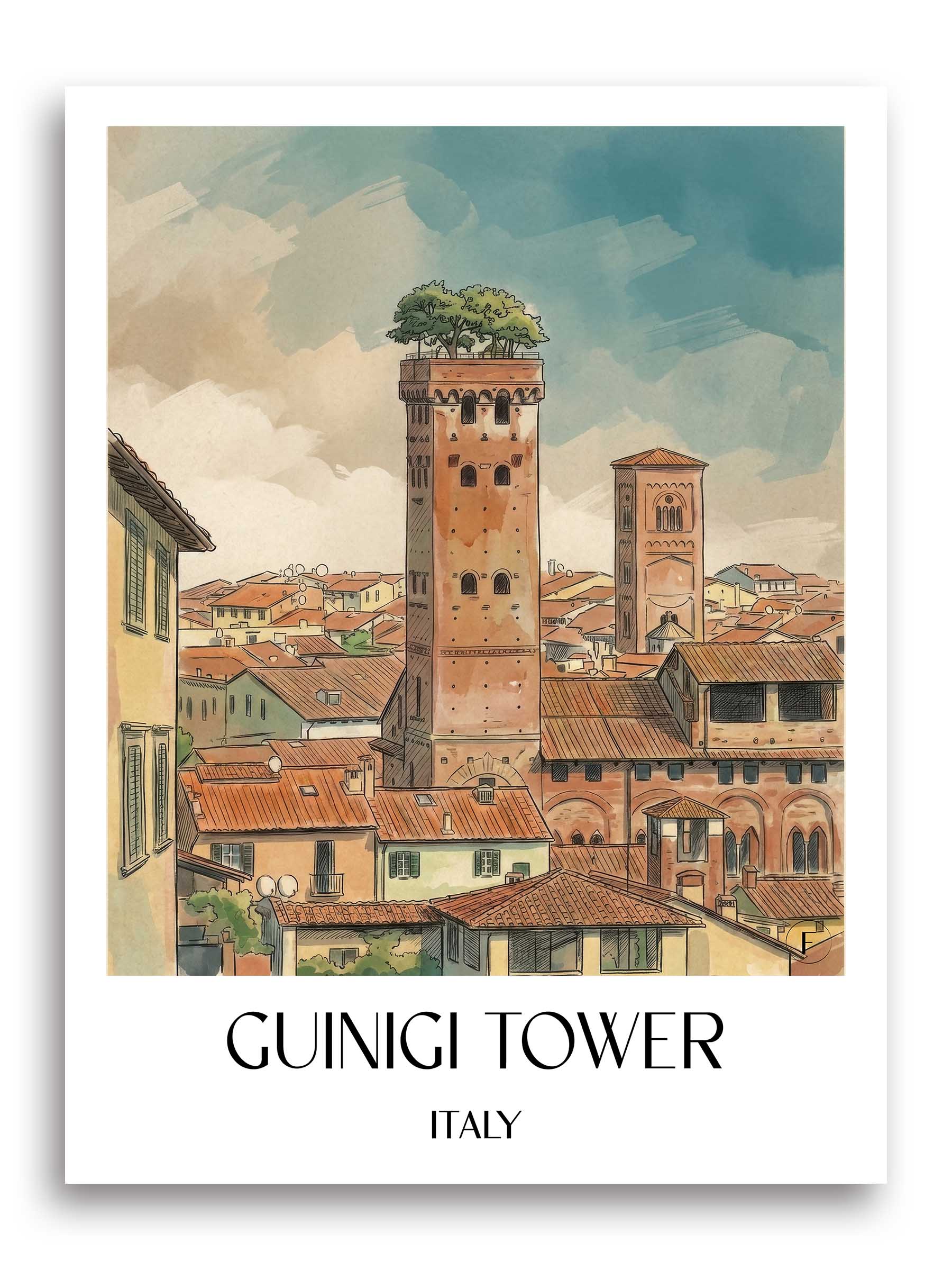 Guinigiturm Poster - Lucca - Italien Kunstdruck - Aquarell von A4 bis A1 - favplace