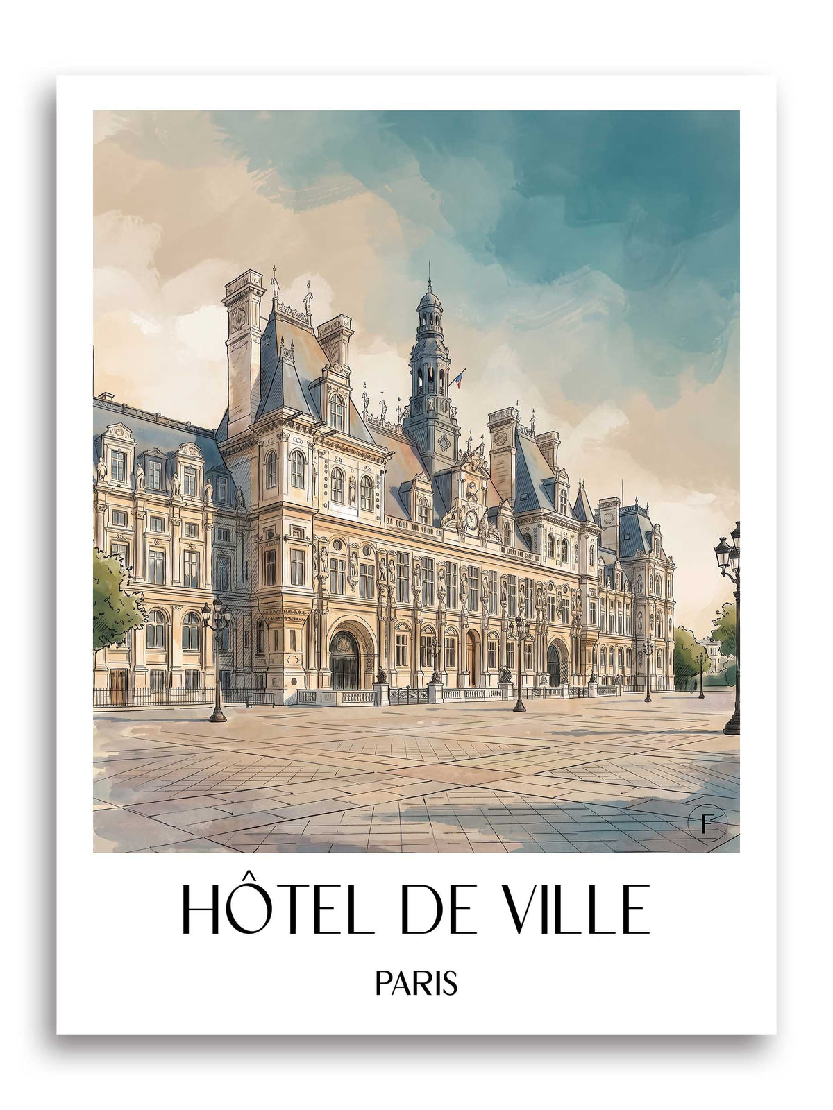 Hôtel de Ville Poster - Paris - Frankreich Kunstdruck - Aquarell von A4 bis A1 - favplace