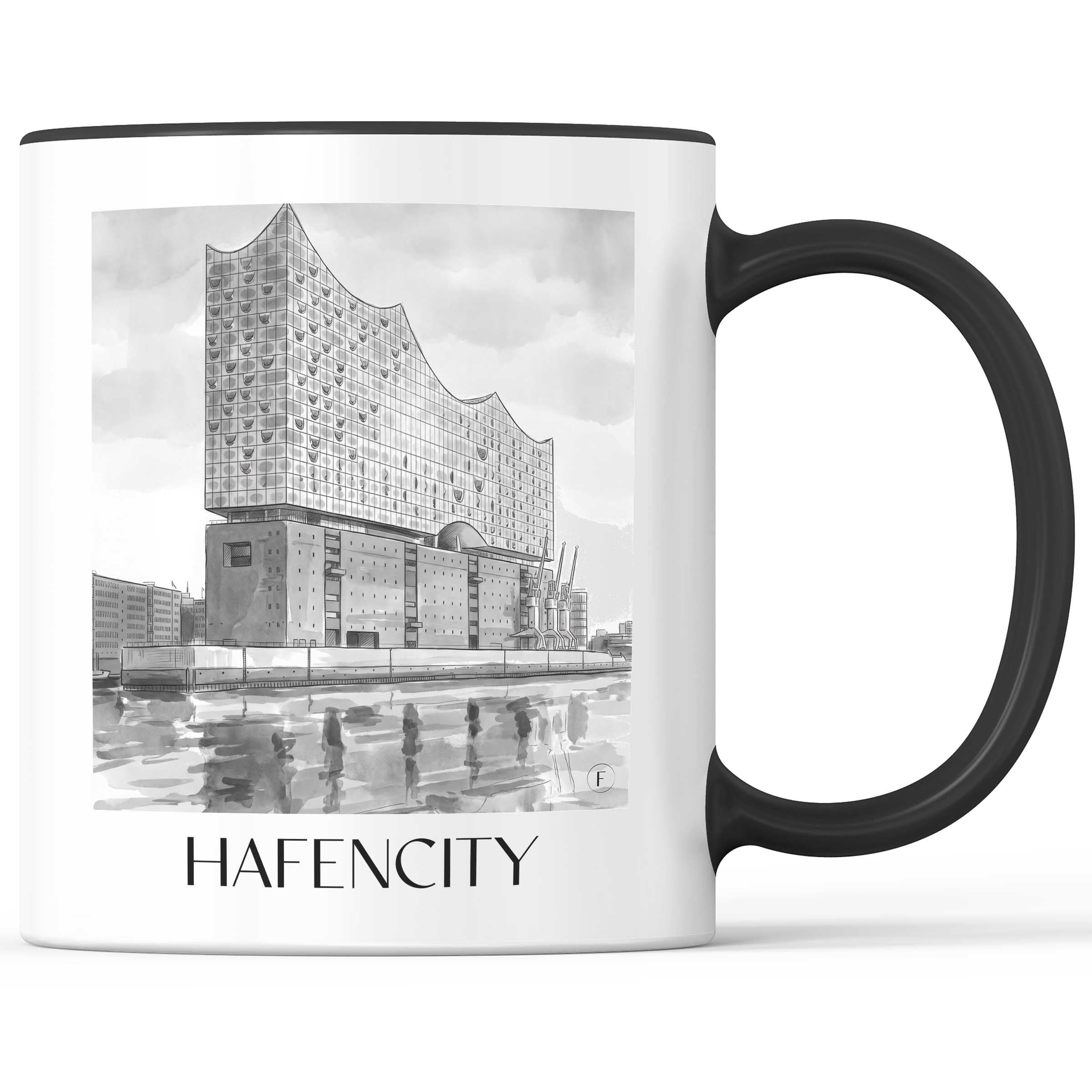 Hafencity Kaffeebecher - Hamburg - Deutschland Becher - Kaffeetasse im Aquarell Schwarz-Weiß Stil - favplace