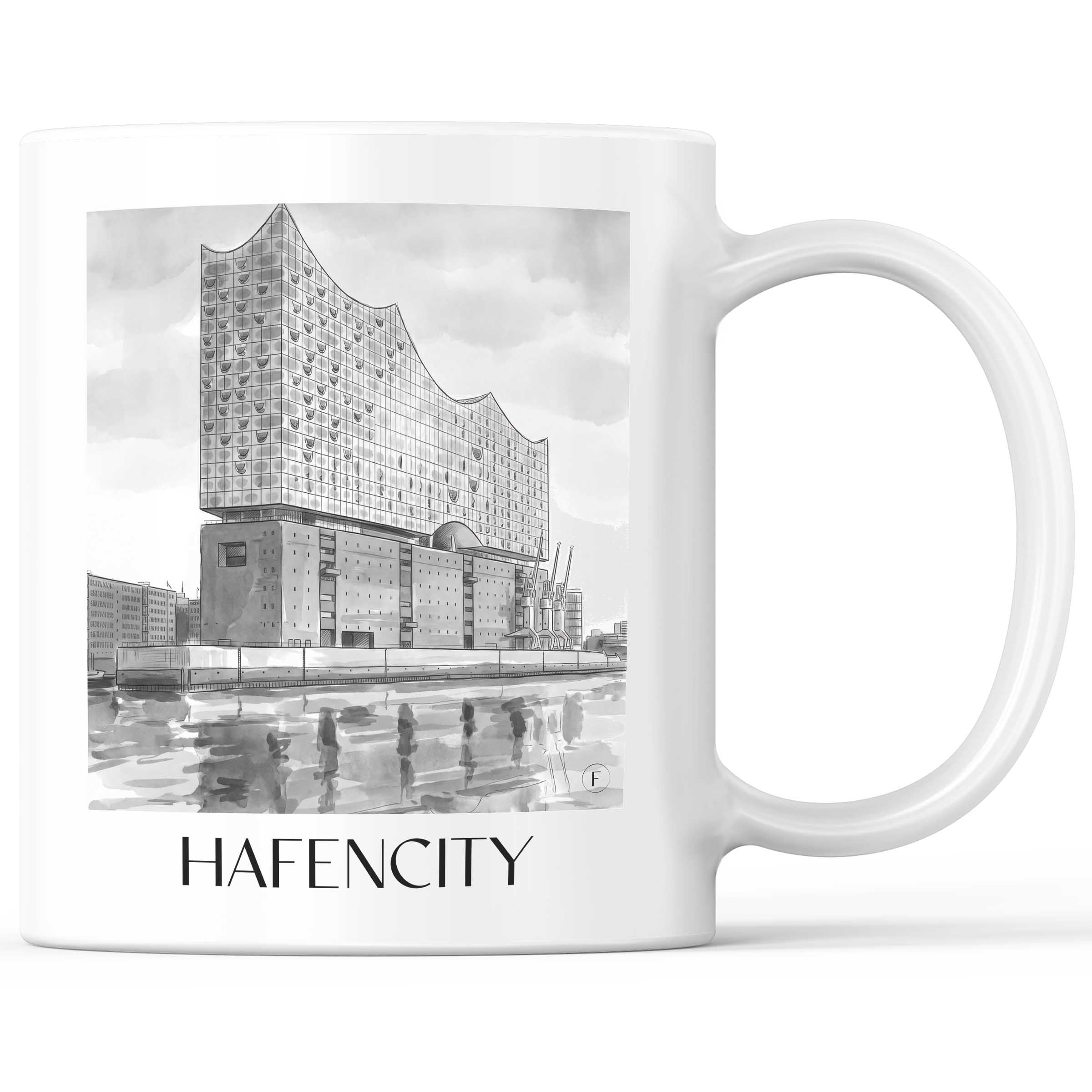 Hafencity Kaffeebecher - Hamburg - Deutschland Becher - Kaffeetasse im Aquarell Schwarz-Weiß Stil - favplace
