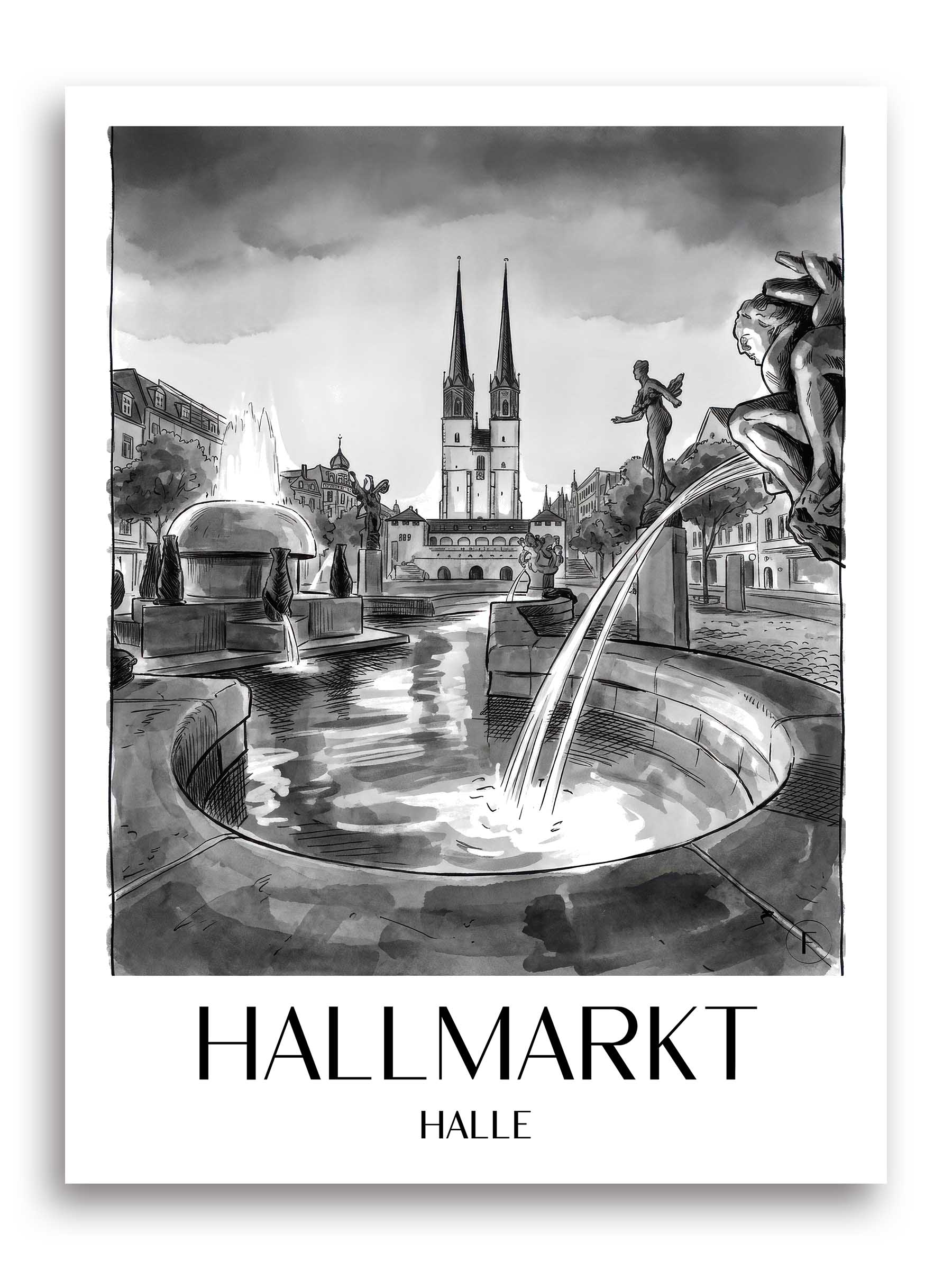 hallmarkt-halle-deutschland-poster-aquarell-schwarz-weiss