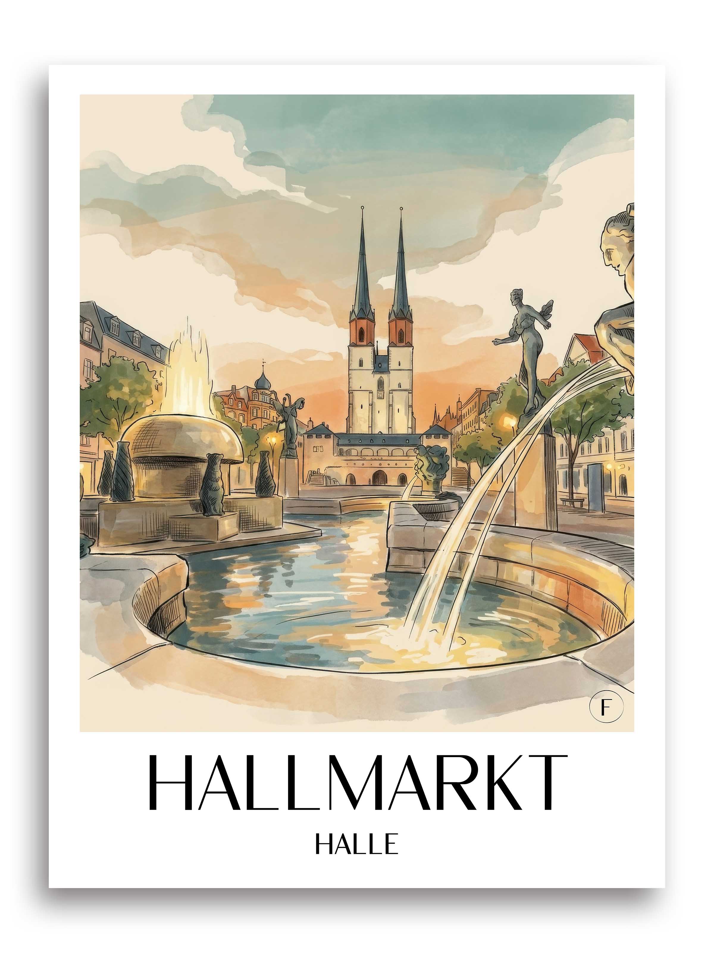 Hallmarkt Poster - Halle - Deutschland Kunstdruck - Aquarell von A4 bis A1 - favplace