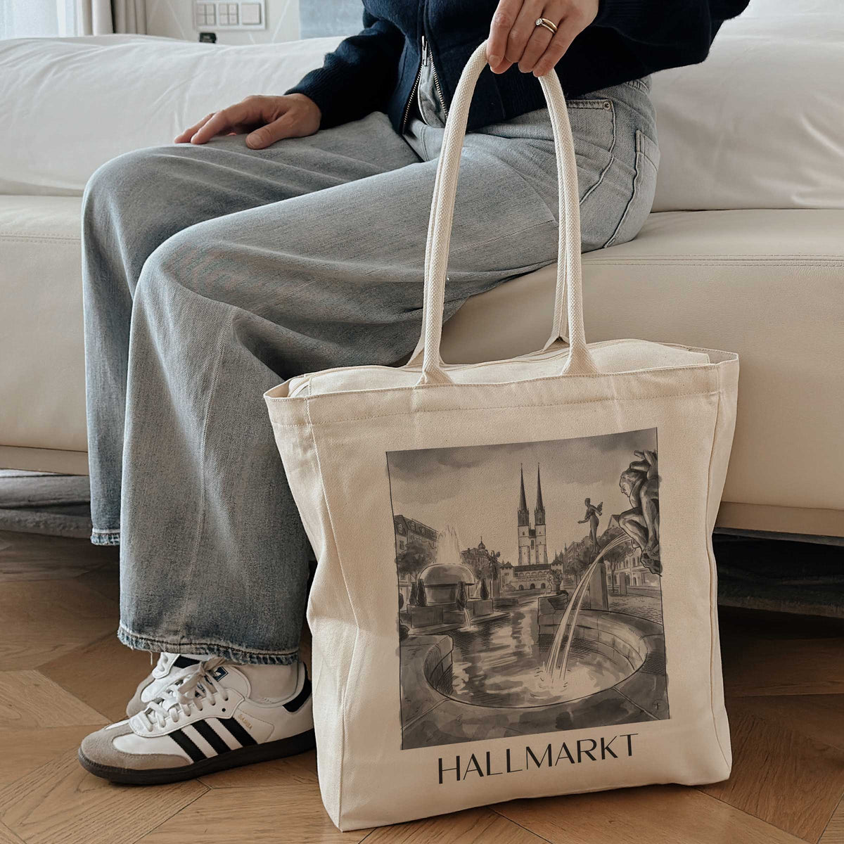 hallmarkt-halle-deutschland-einkaufstasche-aquarell-schwarz-weiss
