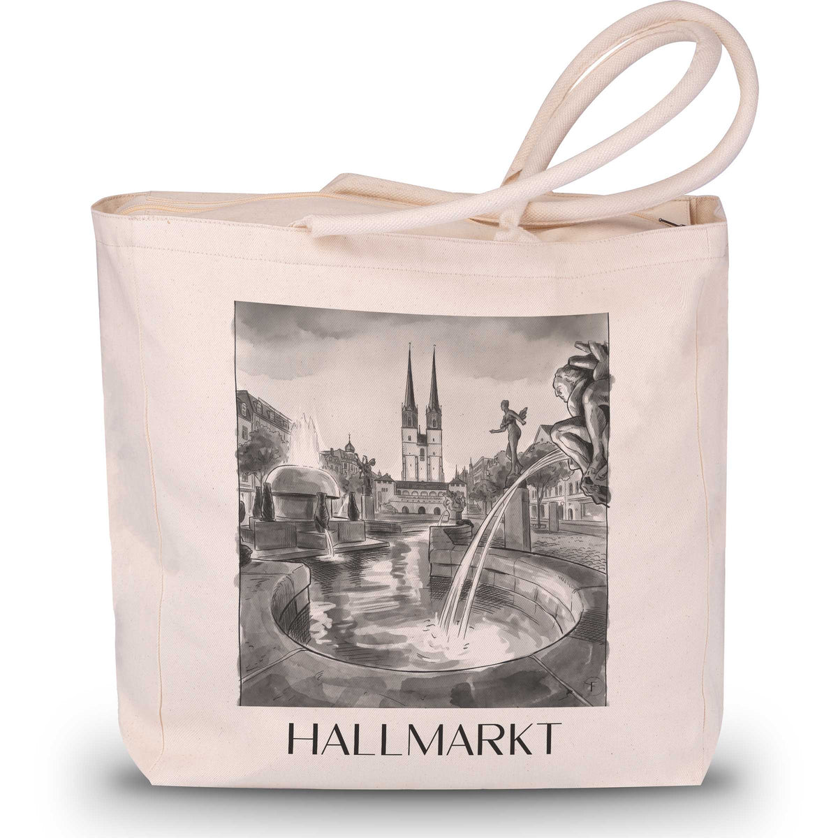 Hallmarkt Shopping Tasche - Halle - Deutschland Tote Bag - Einkaufstasche im Aquarell Schwarz-Weiß Stil - favplace