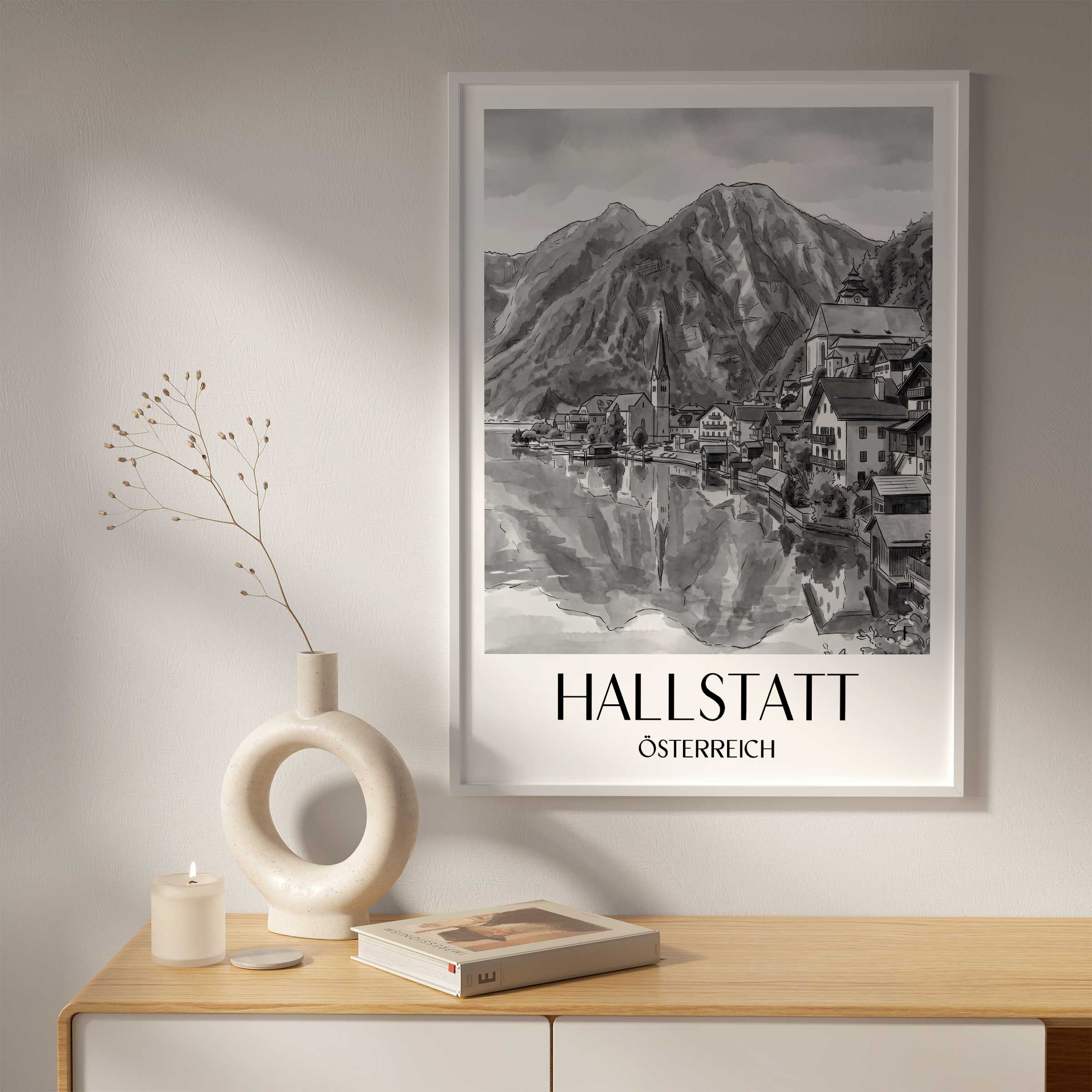 hallstatt-österreich-poster-aquarell-schwarz-weiss