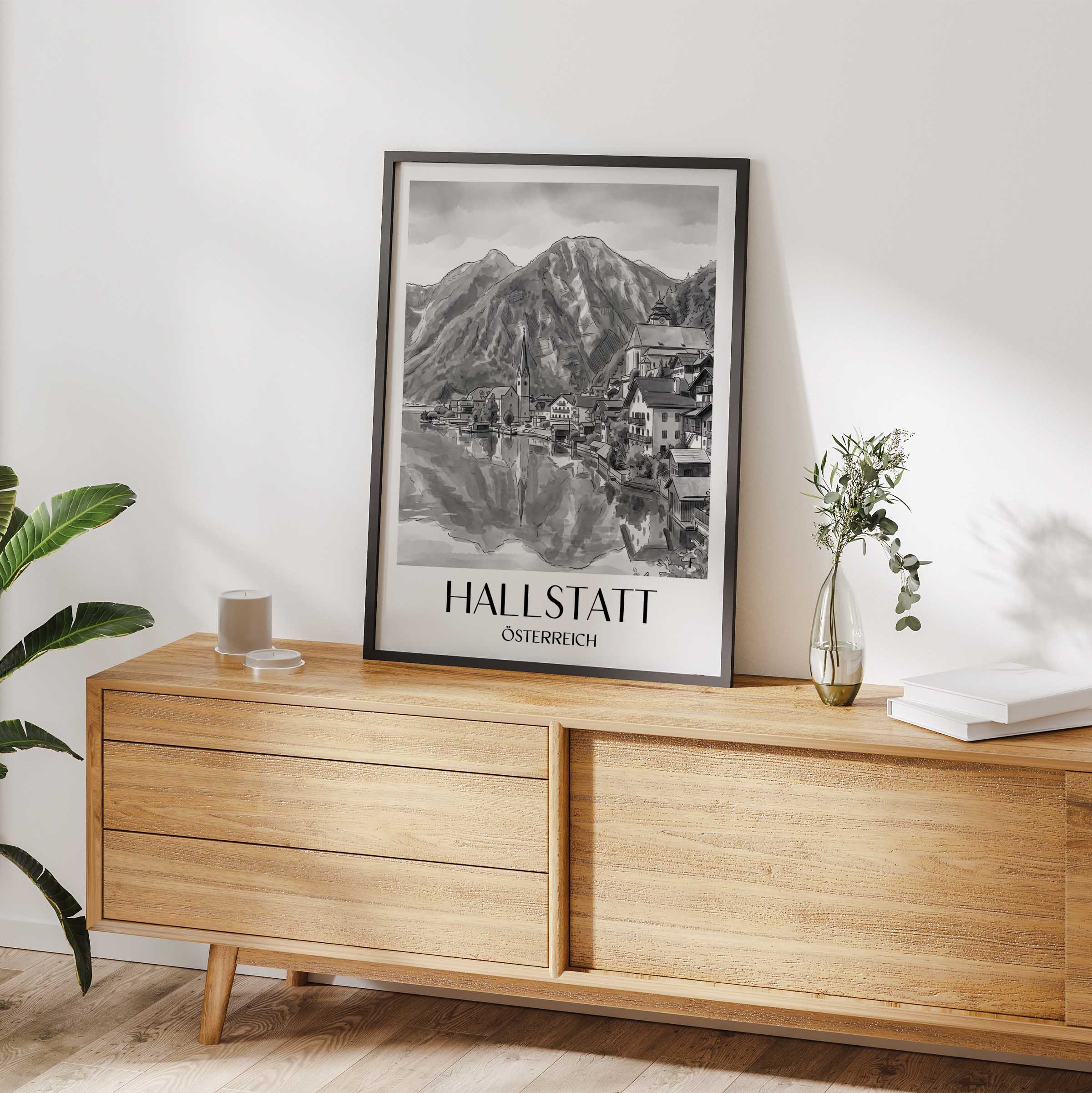 hallstatt-österreich-poster-aquarell-schwarz-weiss