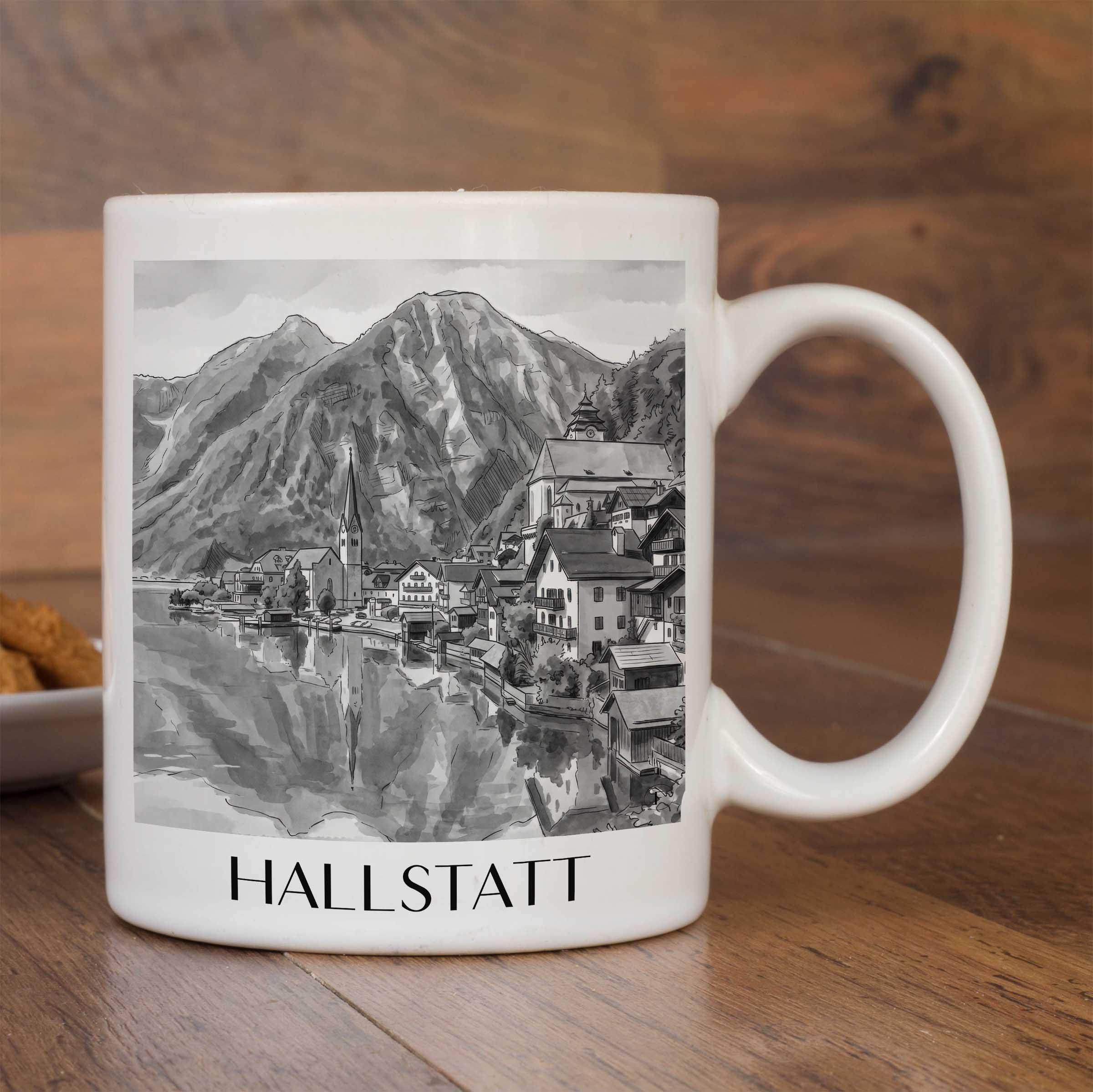 hallstatt-österreich-kaffeebecher-aquarell-schwarz-weiss