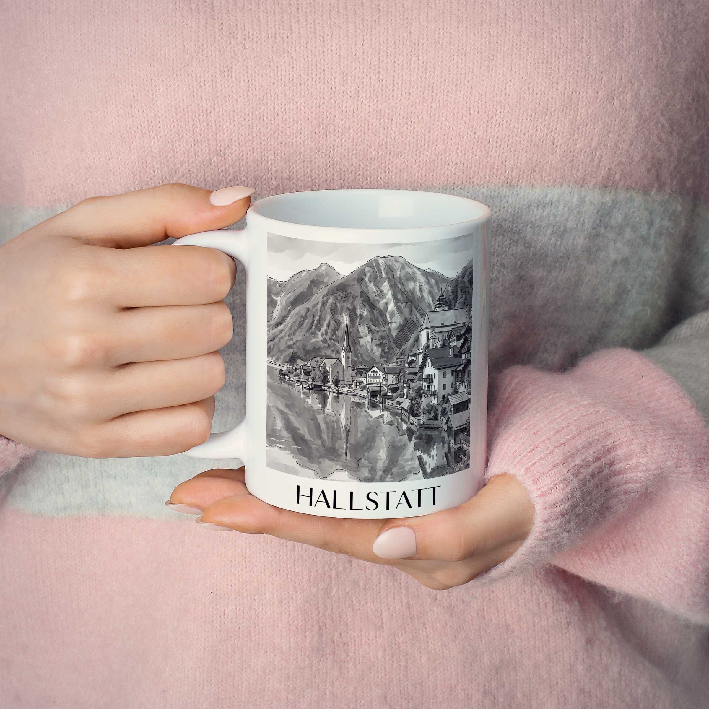 hallstatt-österreich-kaffeebecher-aquarell-schwarz-weiss