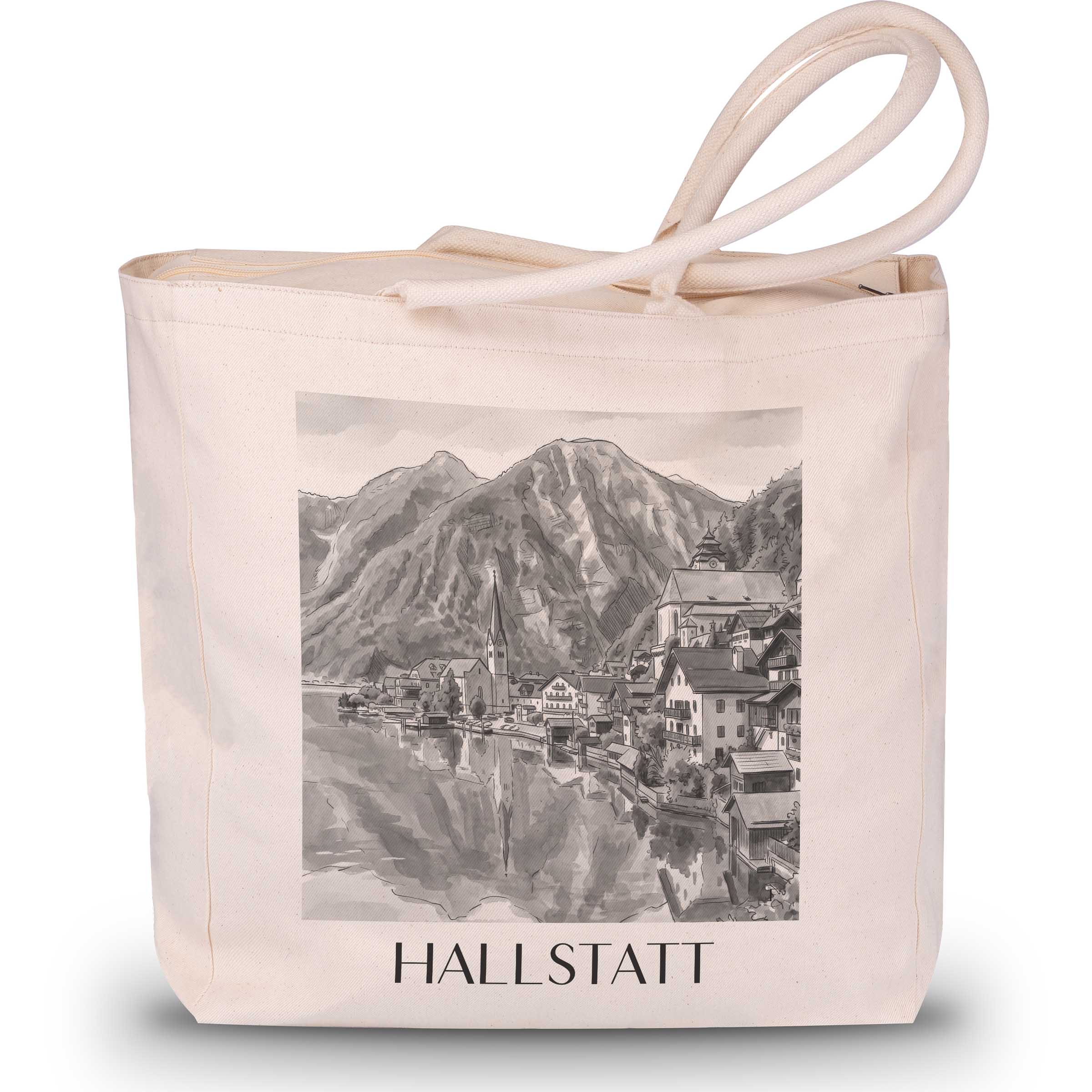Hallstatt - Österreich Tote Bag - Einkaufstasche im Aquarell Schwarz-Weiß Stil - favplace