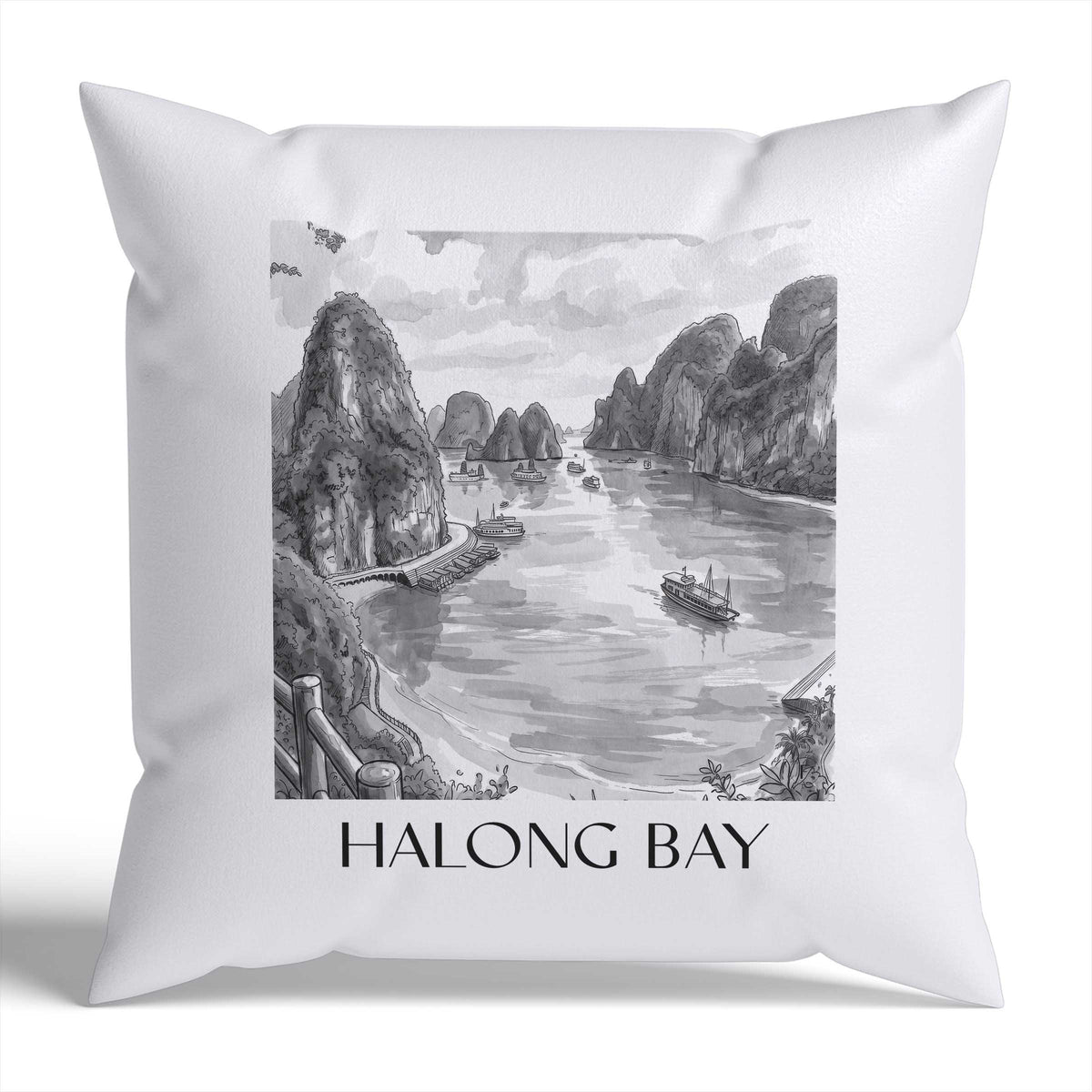 Halong Bay Kissenhülle - Zierkissen Bezug - Vietnam - Vietnam Kissen bzw. Kissenbezug im Aquarell Schwarz-Weiß Stil - favplace