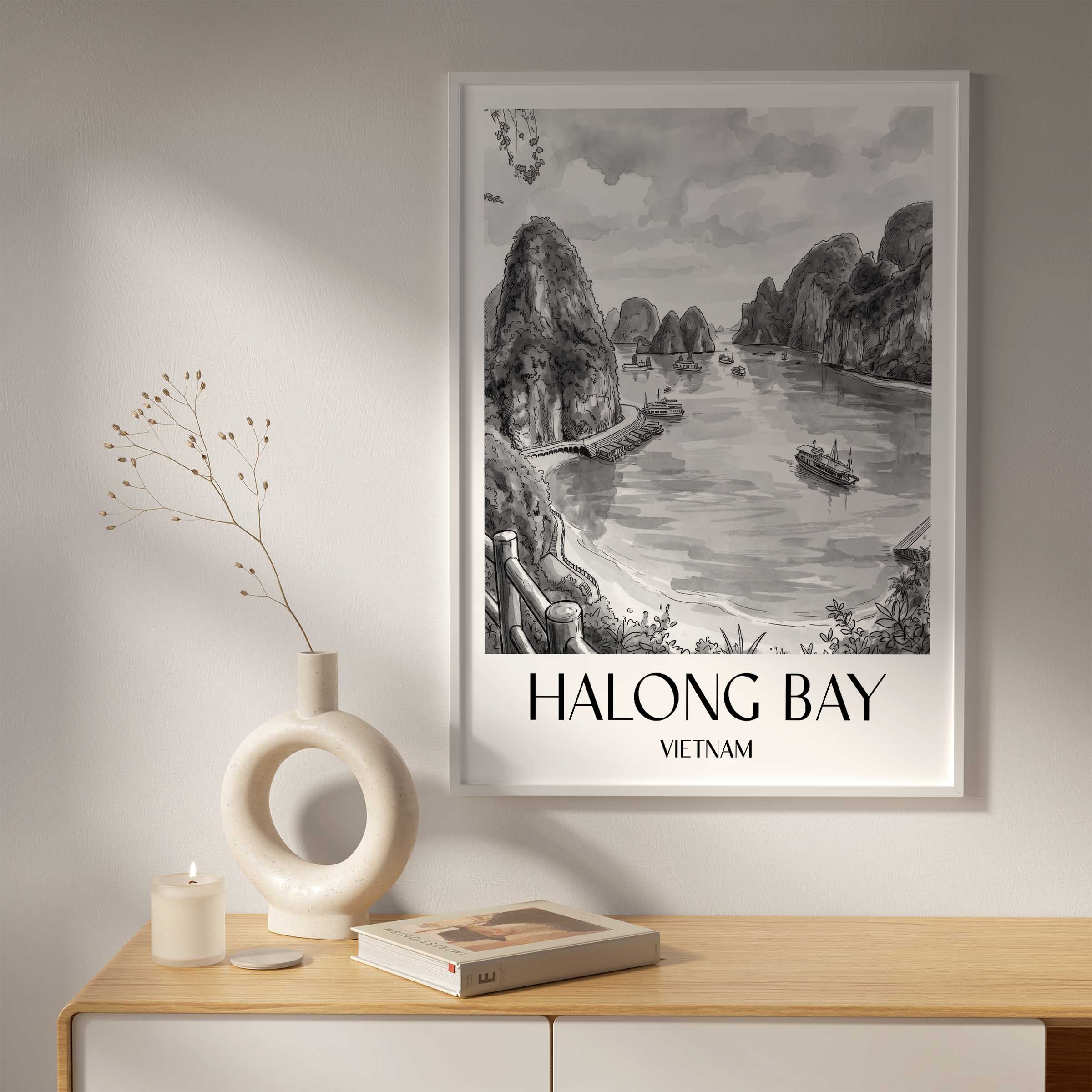 halong-bay-vietnam-poster-aquarell-schwarz-weiss