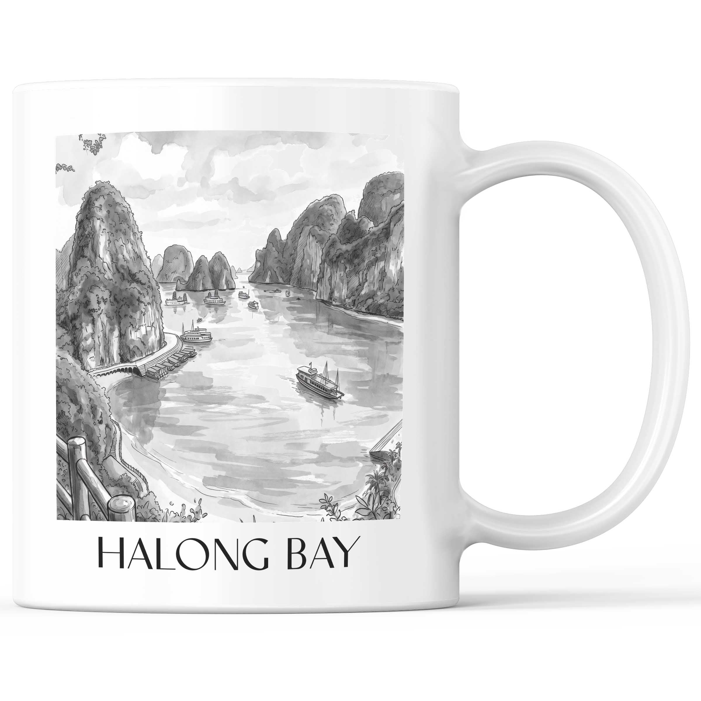 Halong Bay - Vietnam Becher - Kaffeetasse im Aquarell Schwarz-Weiß Stil - favplace
