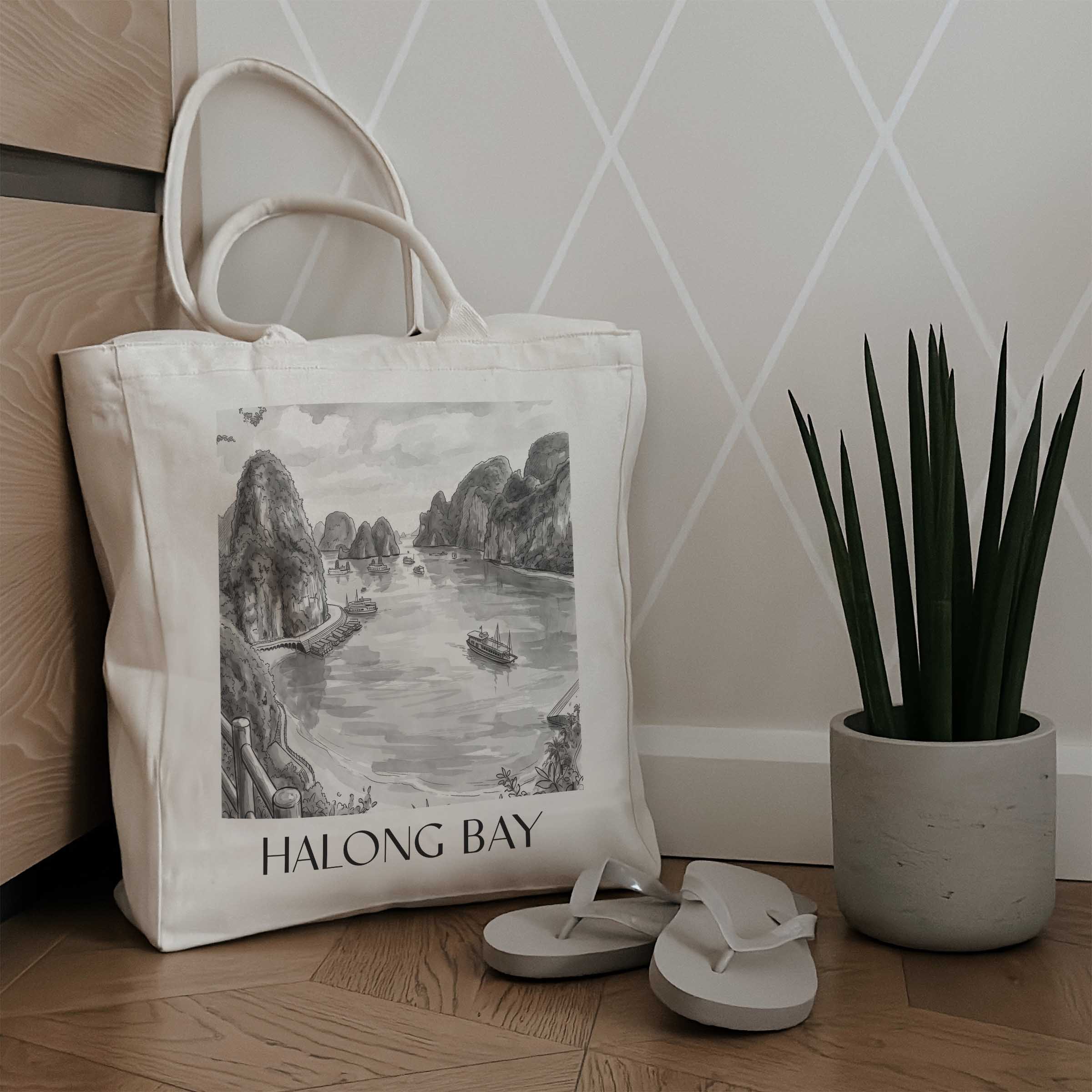 halong-bay-vietnam-einkaufstasche-aquarell-schwarz-weiss