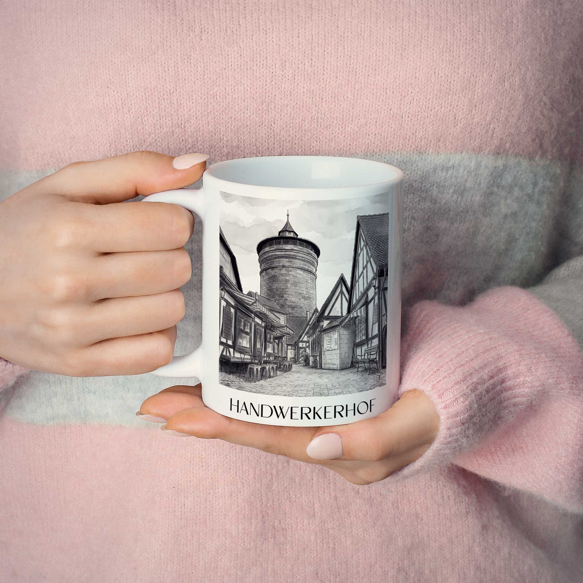 handwerkerhof-nürnberg-deutschland-kaffeebecher-aquarell-schwarz-weiss