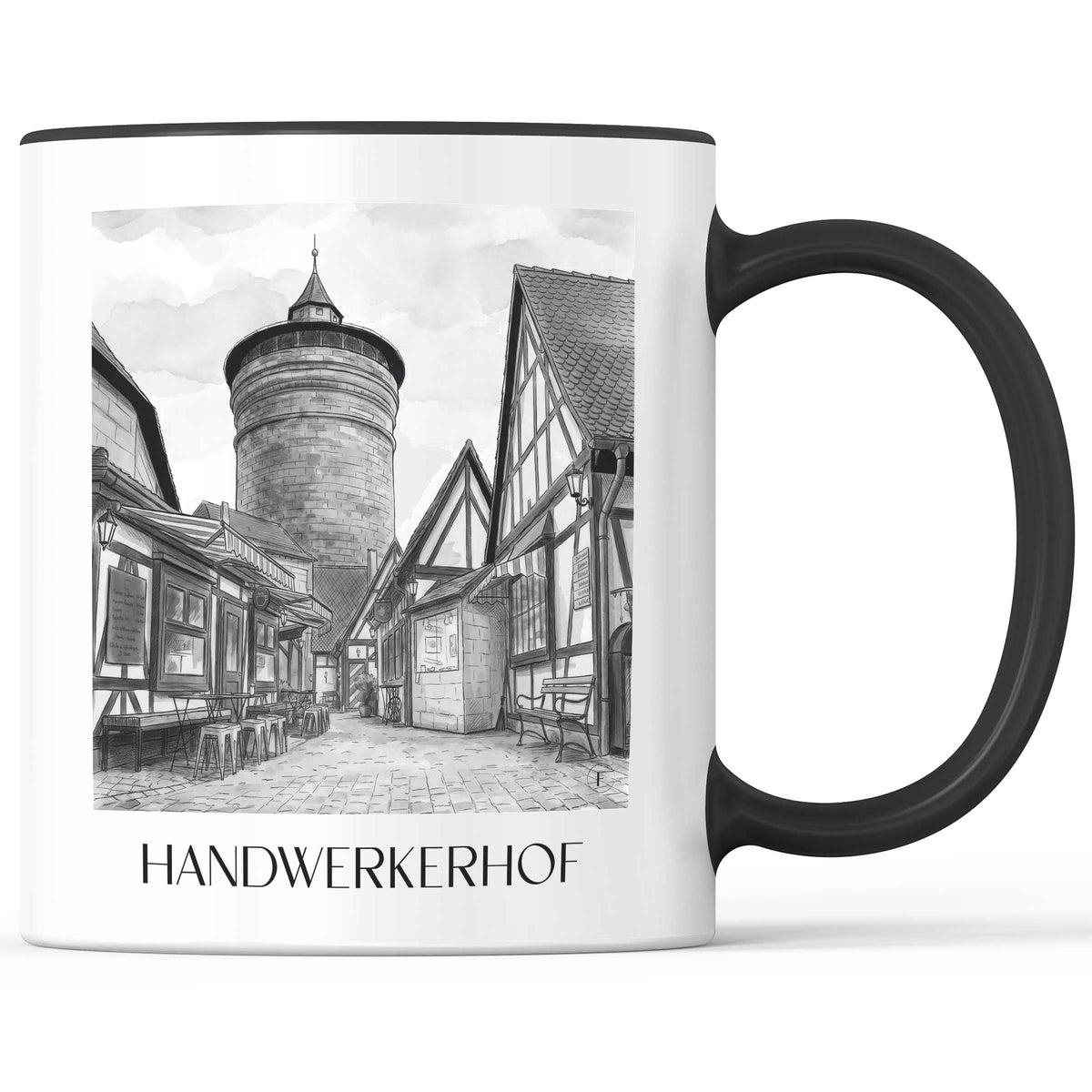 Handwerkerhof Kaffeebecher - Nürnberg - Deutschland Becher - Kaffeetasse im Aquarell Schwarz-Weiß Stil - favplace