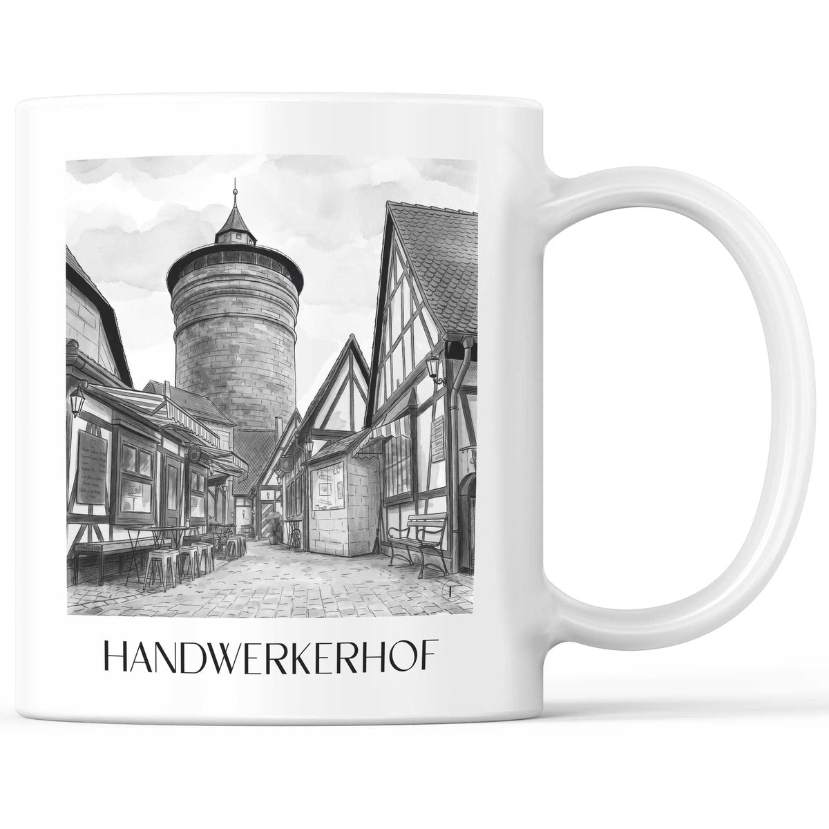 Handwerkerhof Kaffeebecher - Nürnberg - Deutschland Becher - Kaffeetasse im Aquarell Schwarz-Weiß Stil - favplace