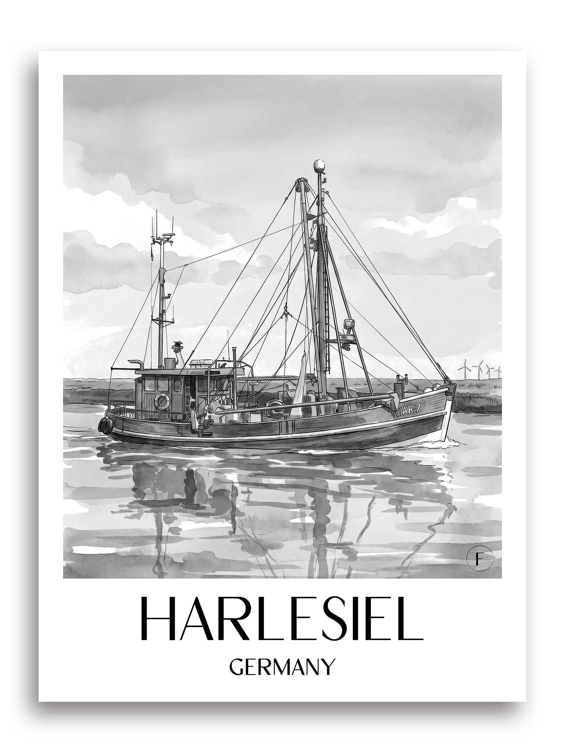 Harlesiel Poster - Ostfriesland - Deutschland Kunstdruck - Aquarell Schwarz-Weiß von A4 bis A1