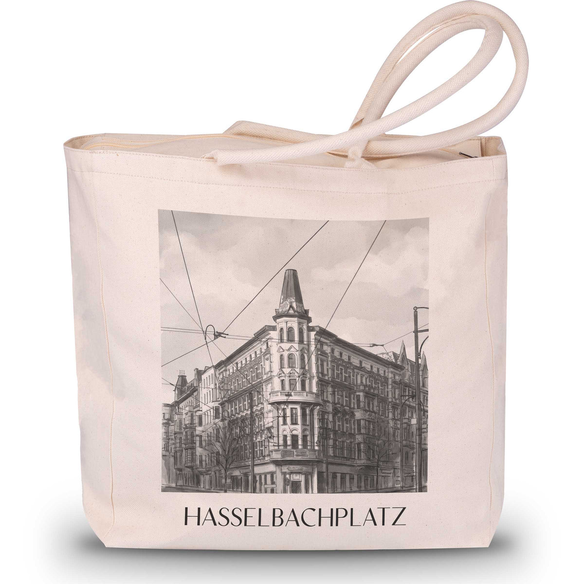 Hasselbachplatz Shopping Tasche - Magdeburg - Deutschland Tote Bag - Einkaufstasche im Aquarell Schwarz-Weiß Stil - favplace