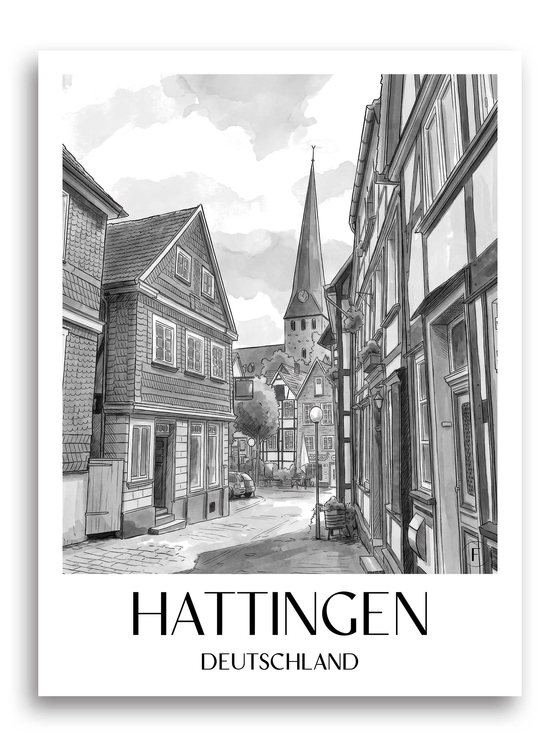 hattingen-deutschland-poster-aquarell-schwarz-weiss