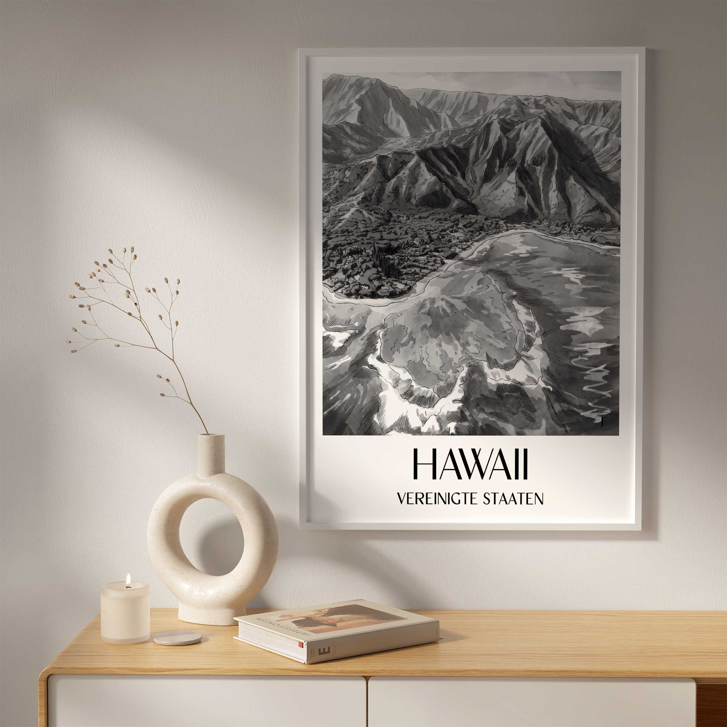 hawaii-vereinigte-staaten-poster-aquarell-schwarz-weiss