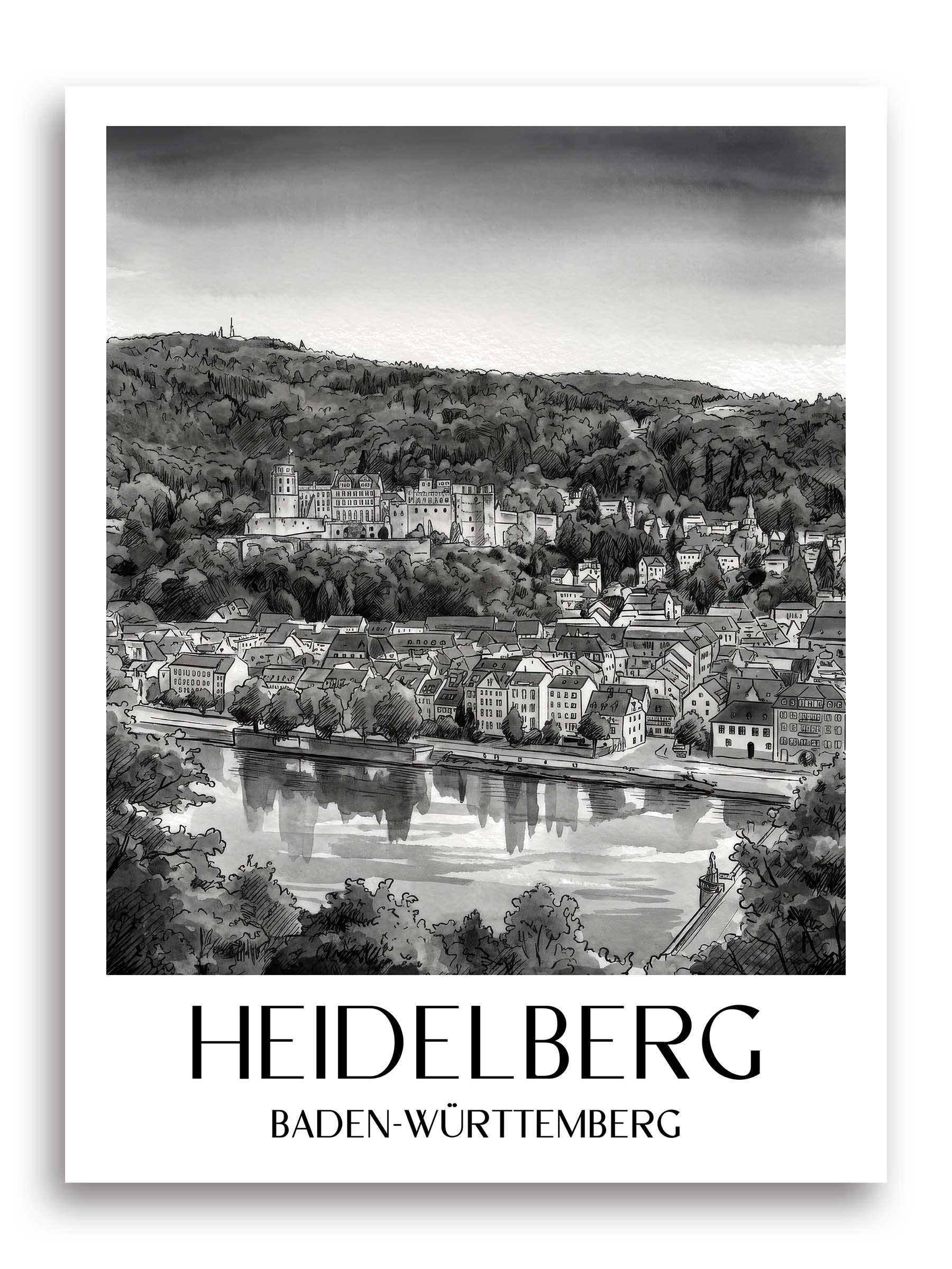 heidelberg-(bei-nacht)-baden-württemberg-deutschland-poster-aquarell-schwarz-weiss