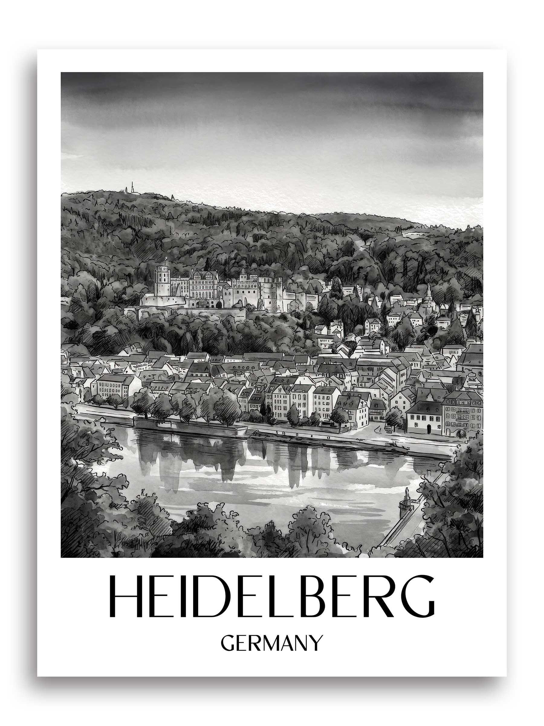 Heidelberg (bei Nacht) Poster - Baden-Württemberg - Deutschland Kunstdruck - Aquarell Schwarz-Weiß von A4 bis A1