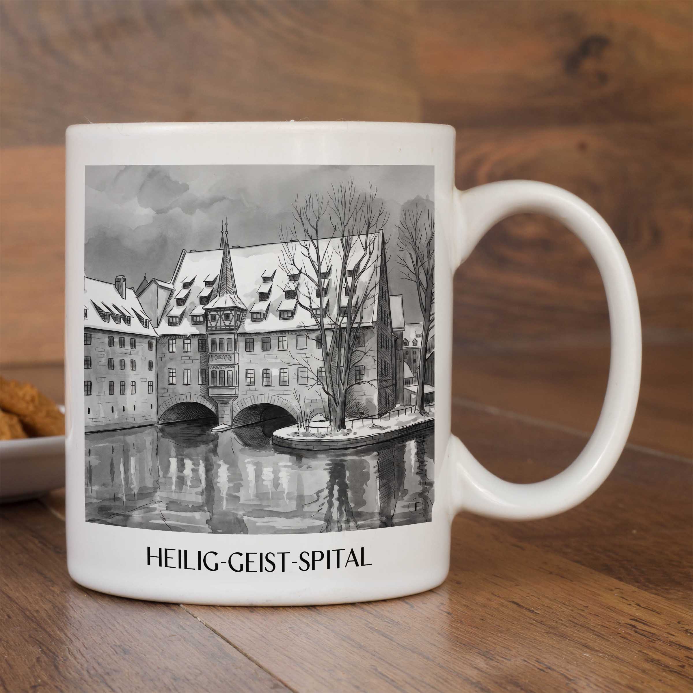 heilig-geist-spital-nürnberg-deutschland-kaffeebecher-aquarell-schwarz-weiss