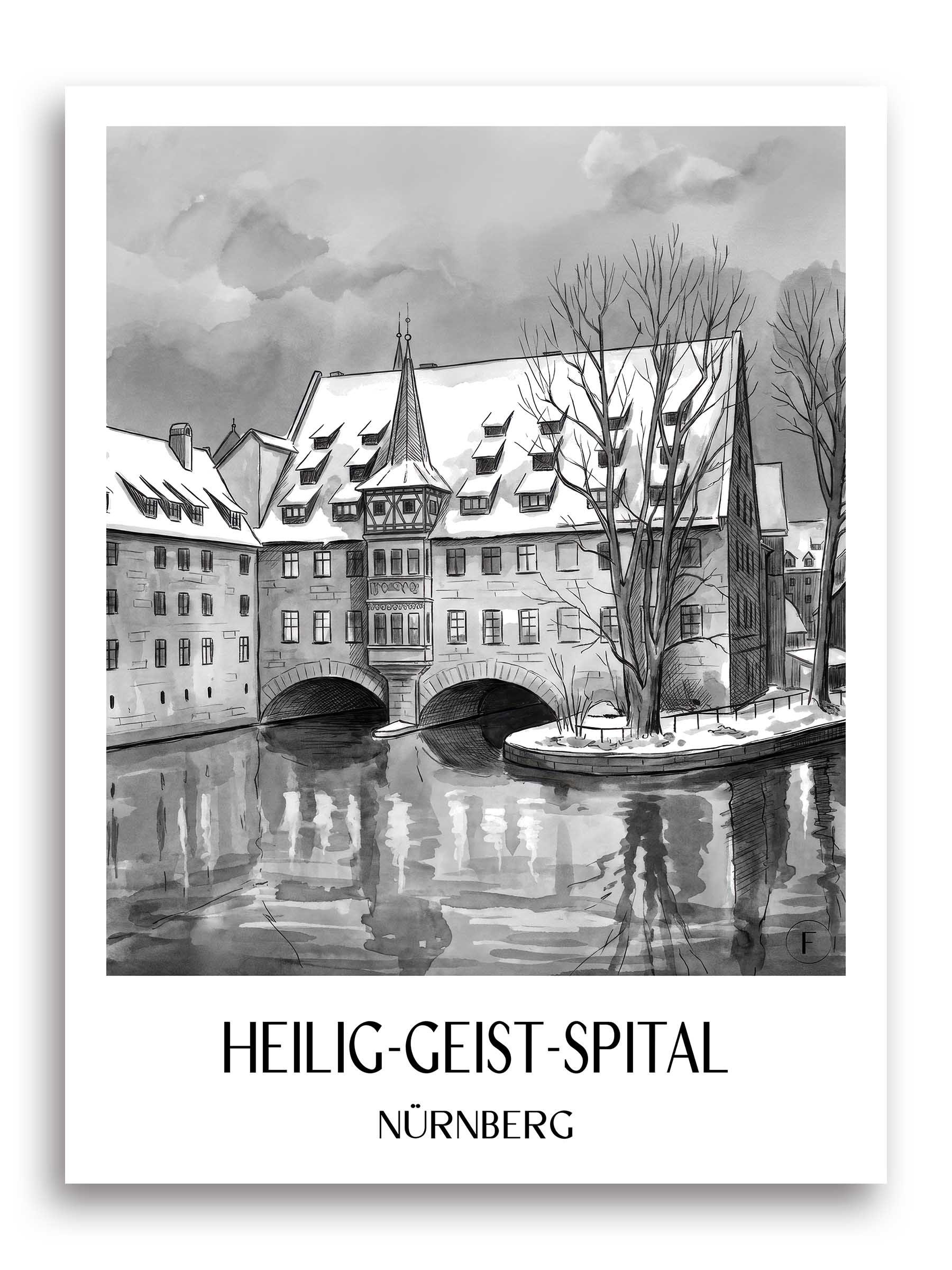 heilig-geist-spital-nürnberg-deutschland-poster-aquarell-schwarz-weiss
